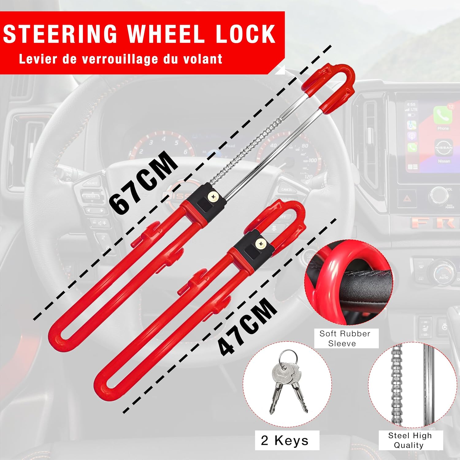 Steering Wheel Lock,Car Club Lock Anti Theft,The Club Steering Wheel Lock Anti-Theft Device,Wheel Locks for Cars,Heavy Duty Device Security Auto Deterrent Adjutable, for Van Truck SUV with 2 Keys