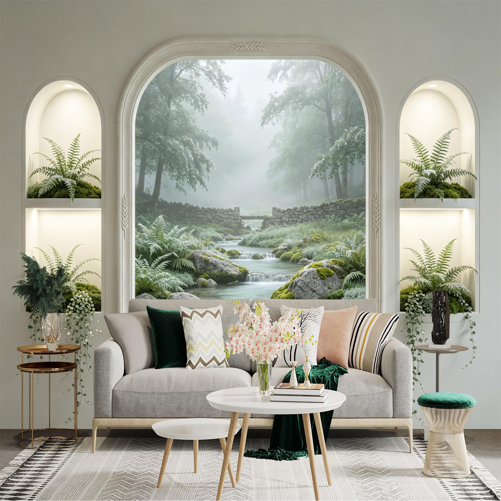 Custom Size Wall Sticker Mural， Misty Forest Stream with Mossy Rocks and Ferns， for wall Decoration， peelandstick wall Decals.
