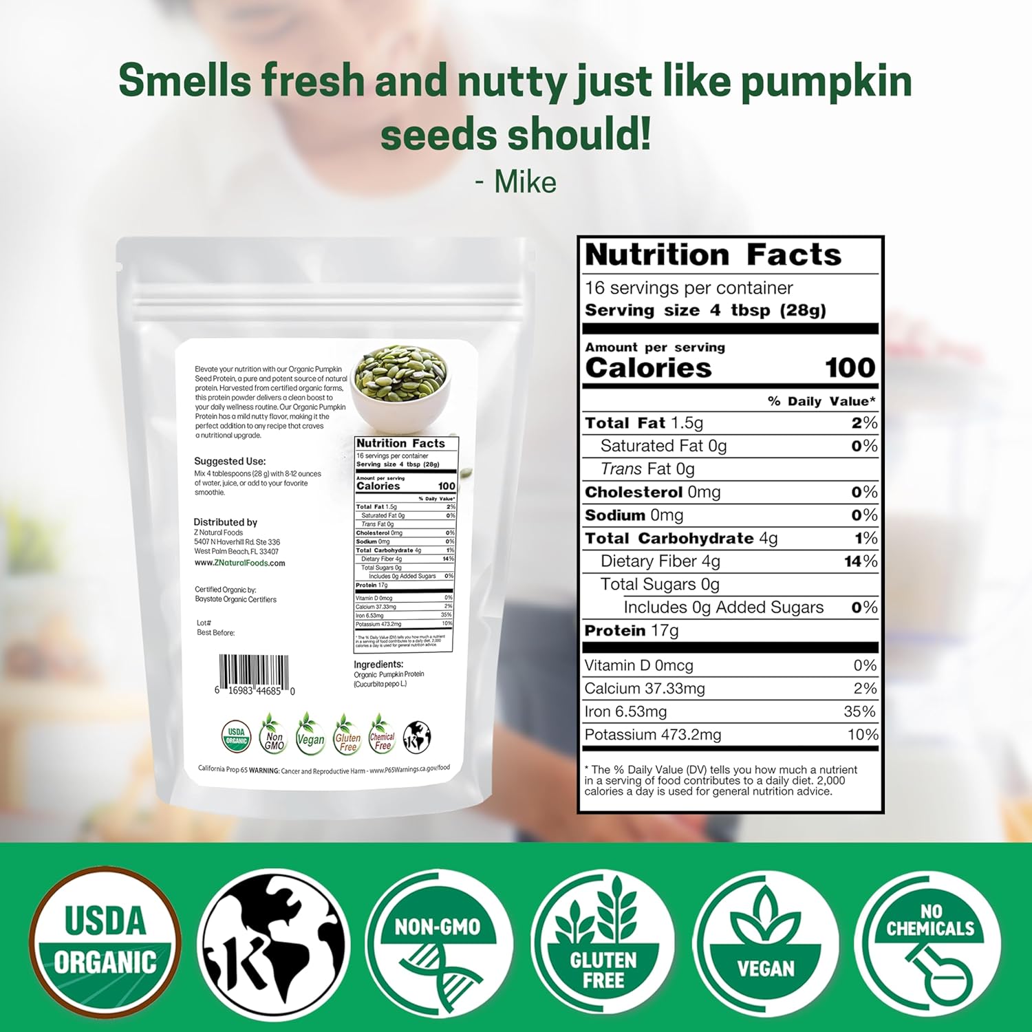 Z Natural Foods Organic Pumpkin Seed Protein Powder - Nutrient-Dense Fiber Supplement, Vegan Pumpkin Protein Powder for Hair Skin Nails Muscle Health - Ideal for Smoothies Shake Baking Recipes, 1 lb