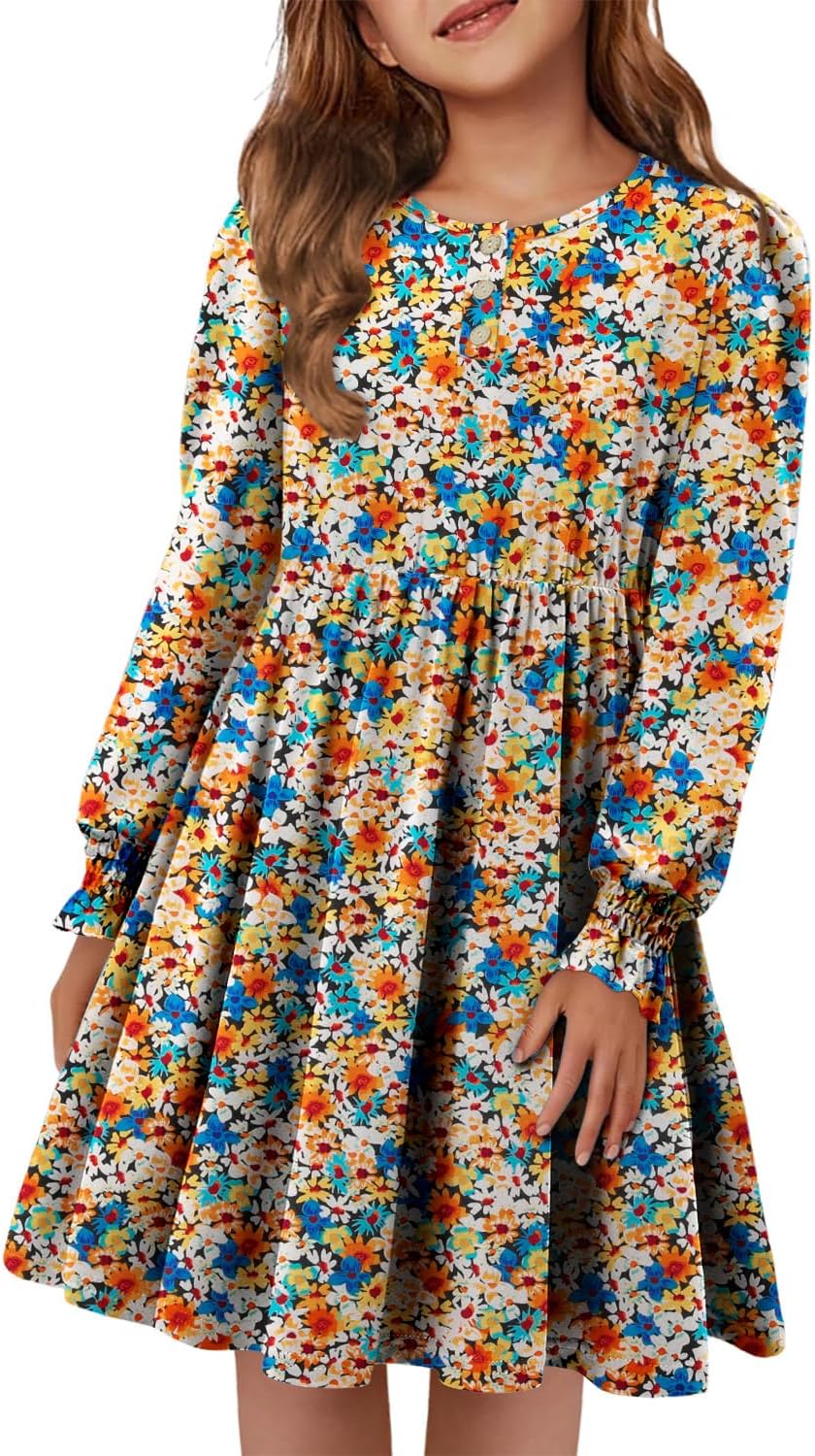 Yoklass Girls Casual Dress Long Sleeve Smocked Cuff Button Loose Fit Dresses 4-13 Years - Image 3