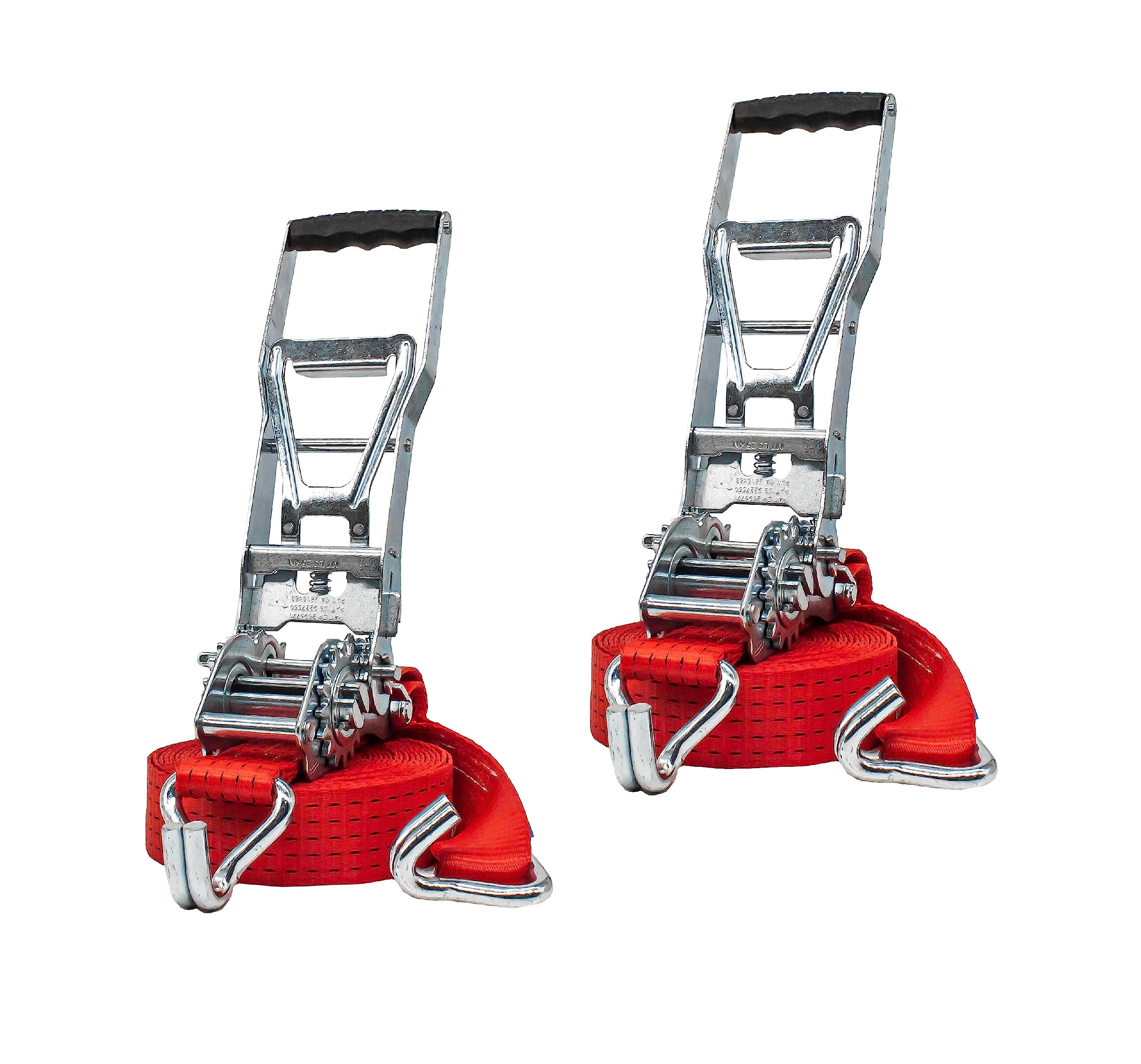 Zurrgurt 50mm | 2er Set | Zweiteiliger Gurt mit Langhebelratsche und Doppelspitzhaken. Hohe Zurrkraft in Umreifung 5.000daN (kg) | Vorspannkraft: 950daN | Länge: 8m; Farbe: rot