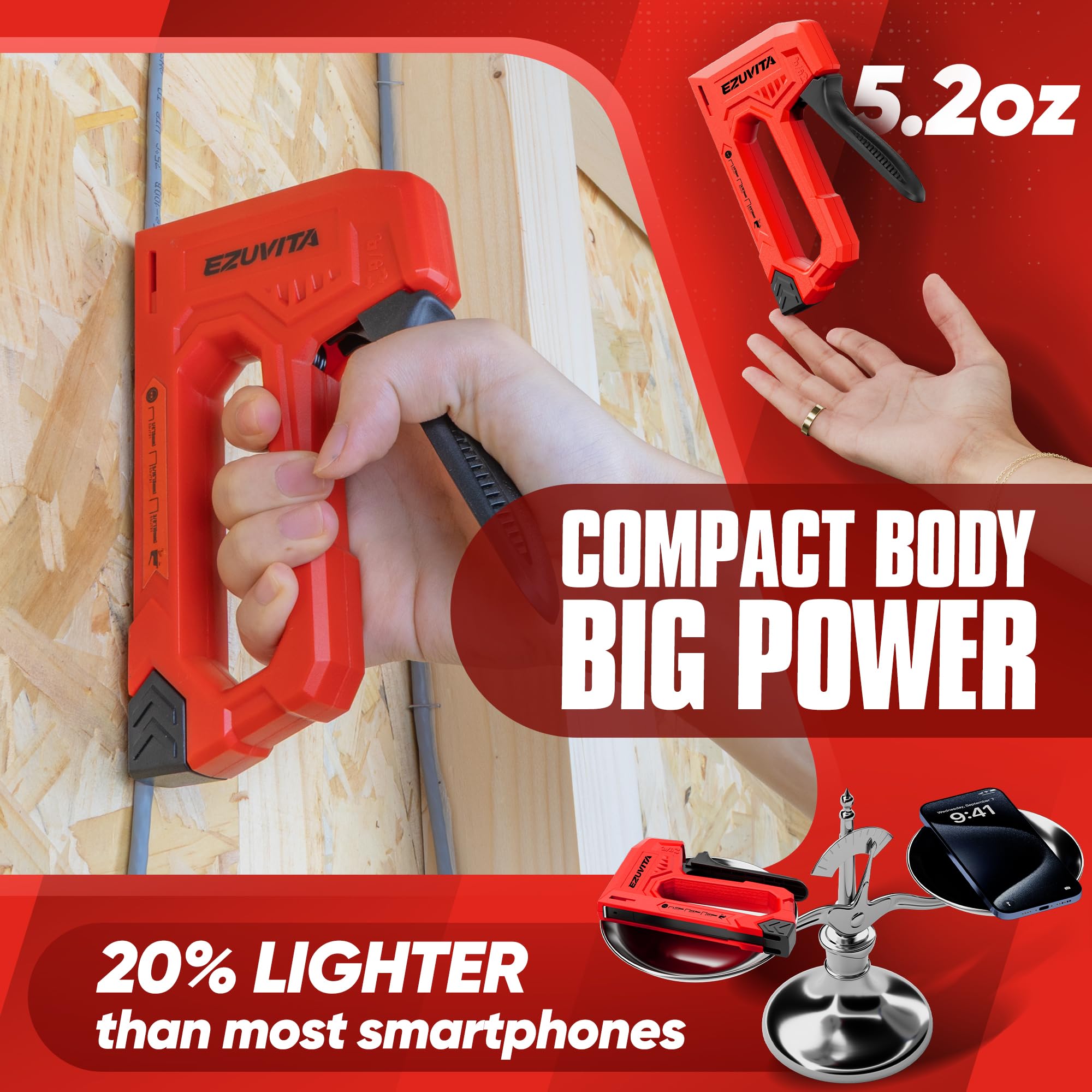 EZUVITA Light Duty Staple Gun for Wood, Red Upholstery Staple Gun Kit with 2000pcs JT21 Staples 6mm, 8mm - Image 3