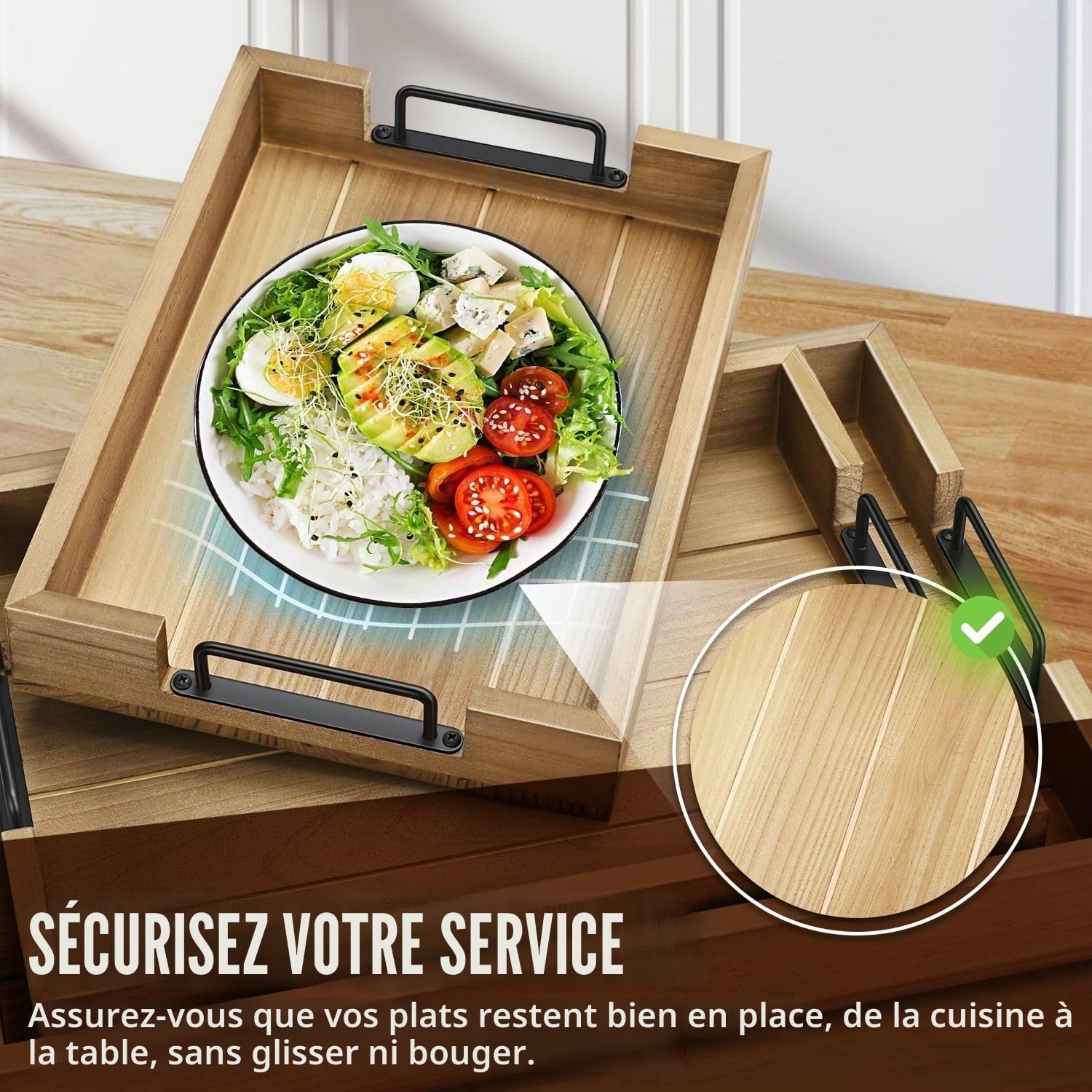 Flexzion Lot de 3 plateaux de service rustiques empilables en bois de sapin avec poignée, plateau à charcuterie imbriqué durable pour table basse ottomane, plateau de nourriture et de décoration