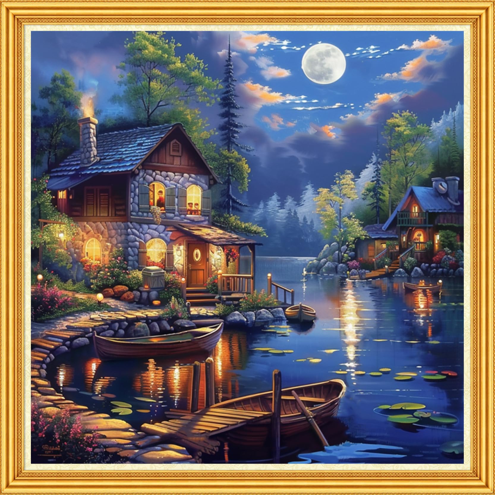 Joyhoor Stamped Cross Stitch Kits for Beginners Needlepoint Kits for Adults Embroidery Kits 11CT Counted Cross Stitch Kits Printed Embroidery Pattern-Home Night 18x18 inch