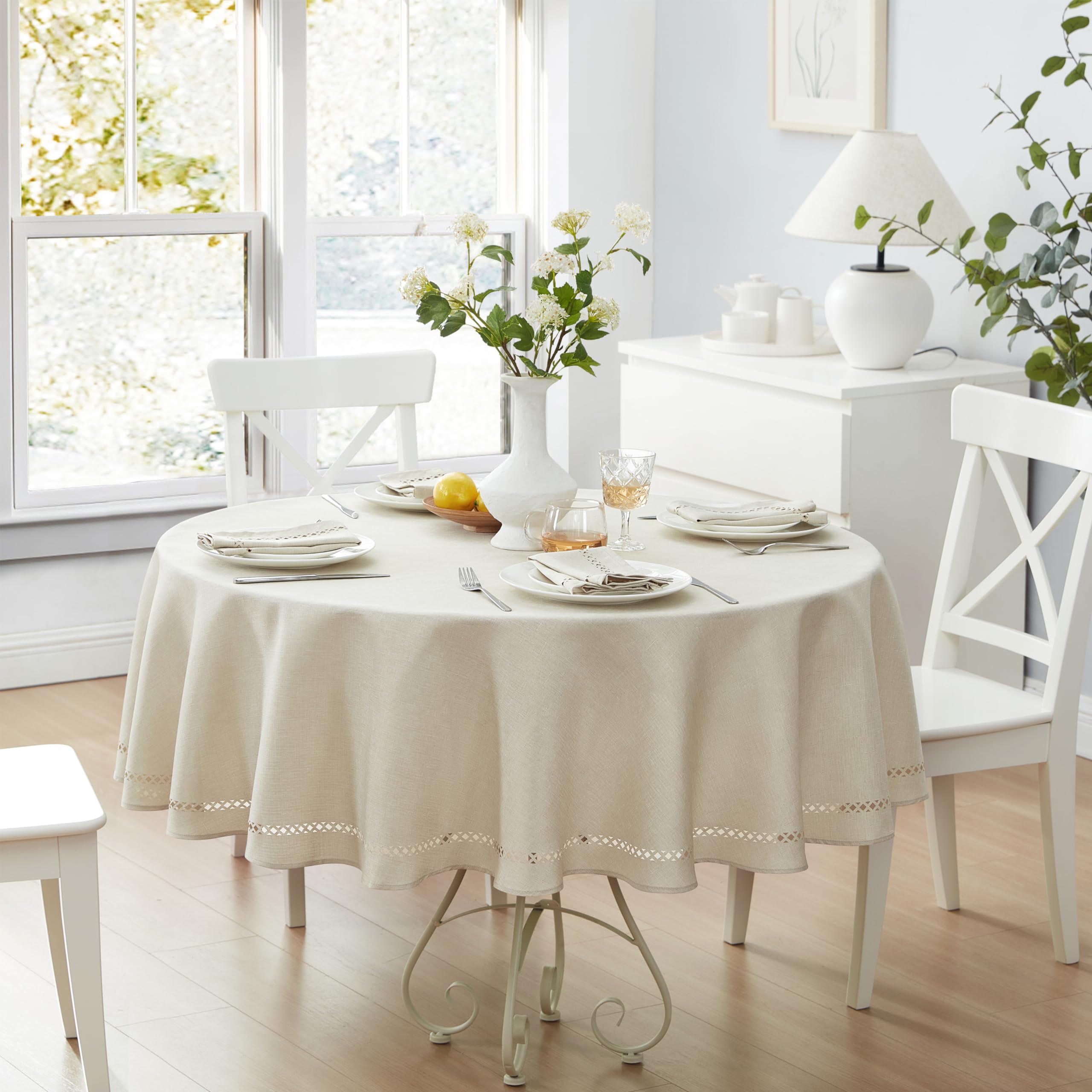 NewbridgeFabric Round Tablecloth, 70 Inch, Summer Provence Lattice Cutwork Solid Color Textured, Water and Stain Resistant Easy Care Fabric Table Cloth for Parties and Buffets, Ivory