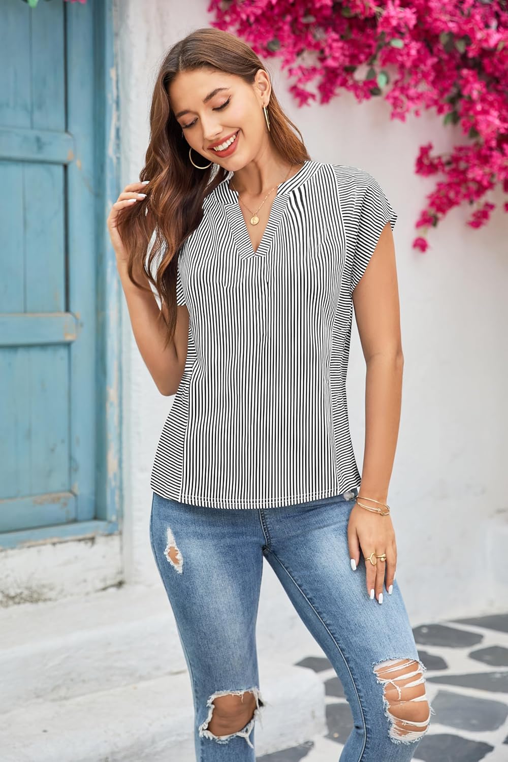 Womens Summer Tops Cap Sleeve V Neck Casual T Shirts Striped Print Trendy Blouses - Image 3