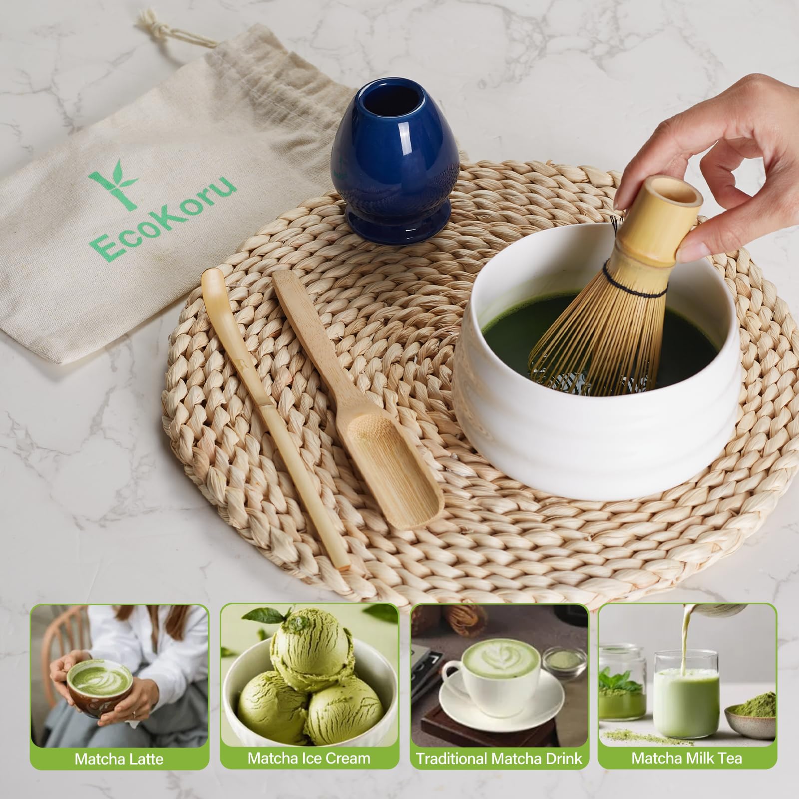 Set Té Matcha | Kit Tradicional 4 Piezas con Batidor de Bambú Natural (100 Puntas), Soporte Cerámico Azul Marino, Chashaku, Espátula y Bolsa de Lino Ecológica