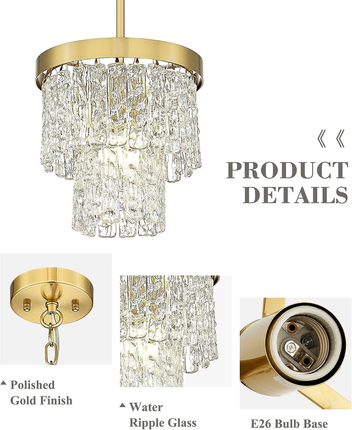 Water Ripple Gold Chandelier, 2-Tier 10'' Pendant Lights Kitchen Island, Vintage Chandeliers for Dining Room Kitchen Island Bedroom Entryway, CC4848-1P-PG