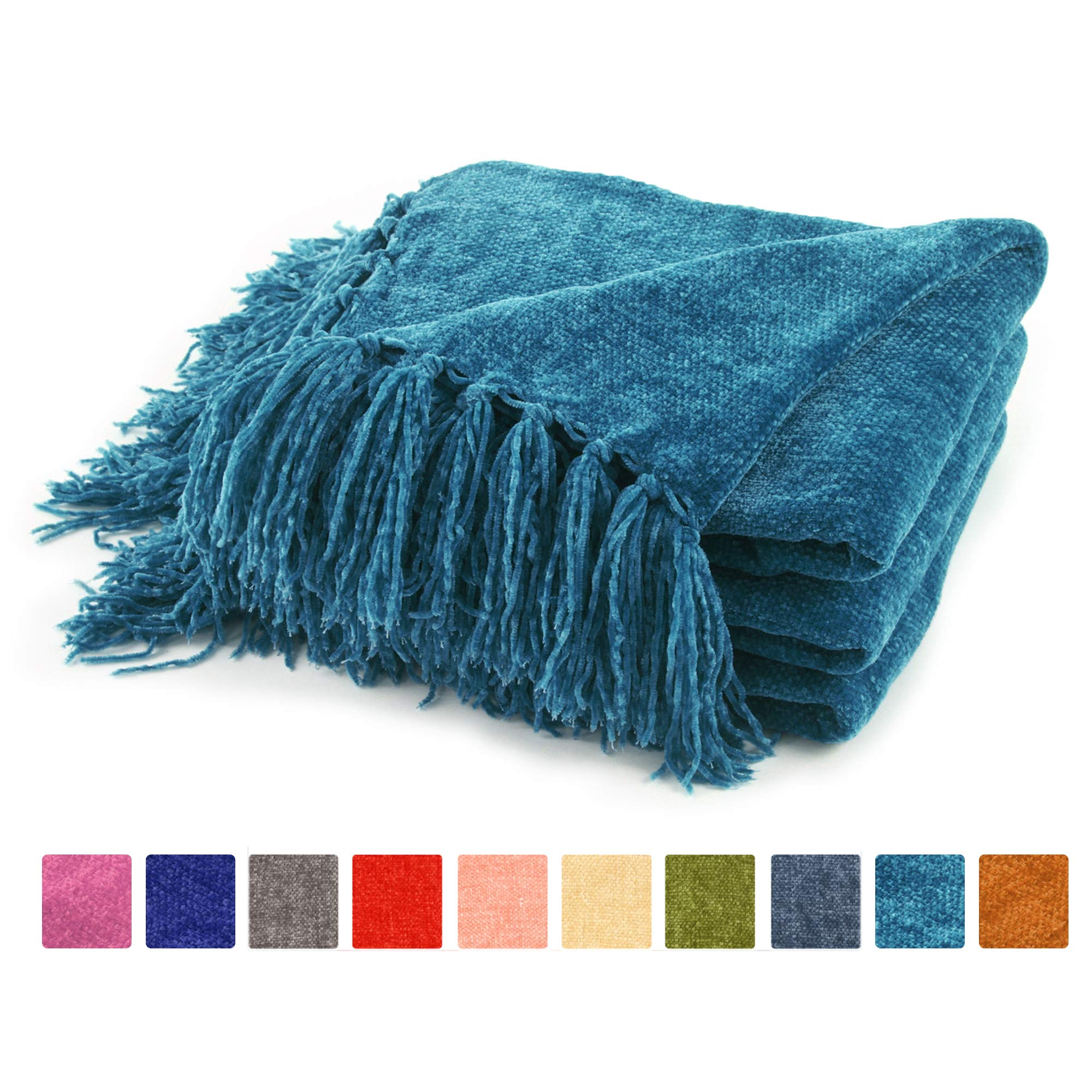 FRESHMINT Throw Blanket 60 x 50 Inch Luxury Fluffy Chenille Knitted Blankets with Decorative Fringe and Striped for Home Decor Couch Cover Sofa Bed Gift, Spruced-up