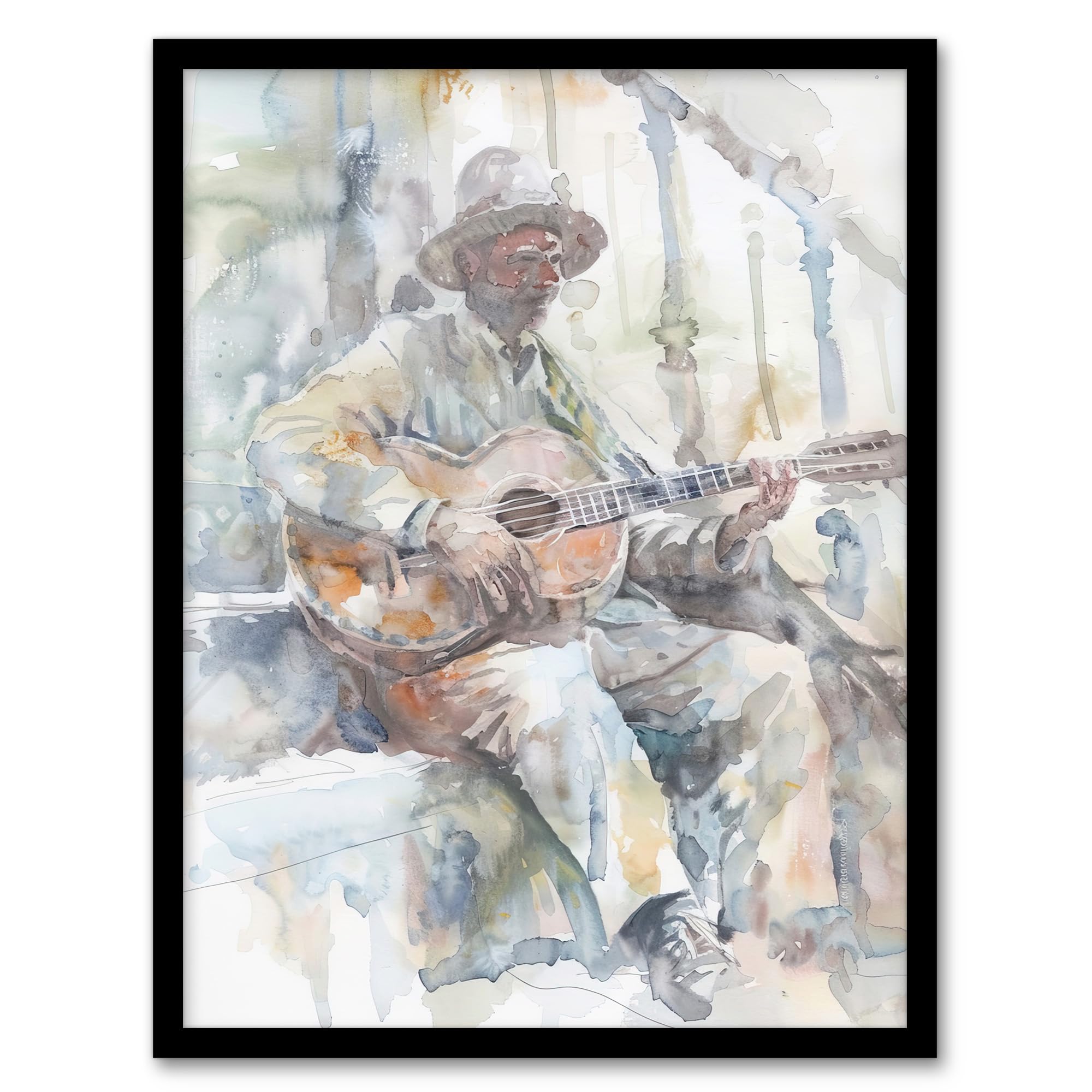 Artery8 Street Musician Playing Guitar Watercolour Living Room Artwork Framed Wall Art Print A4