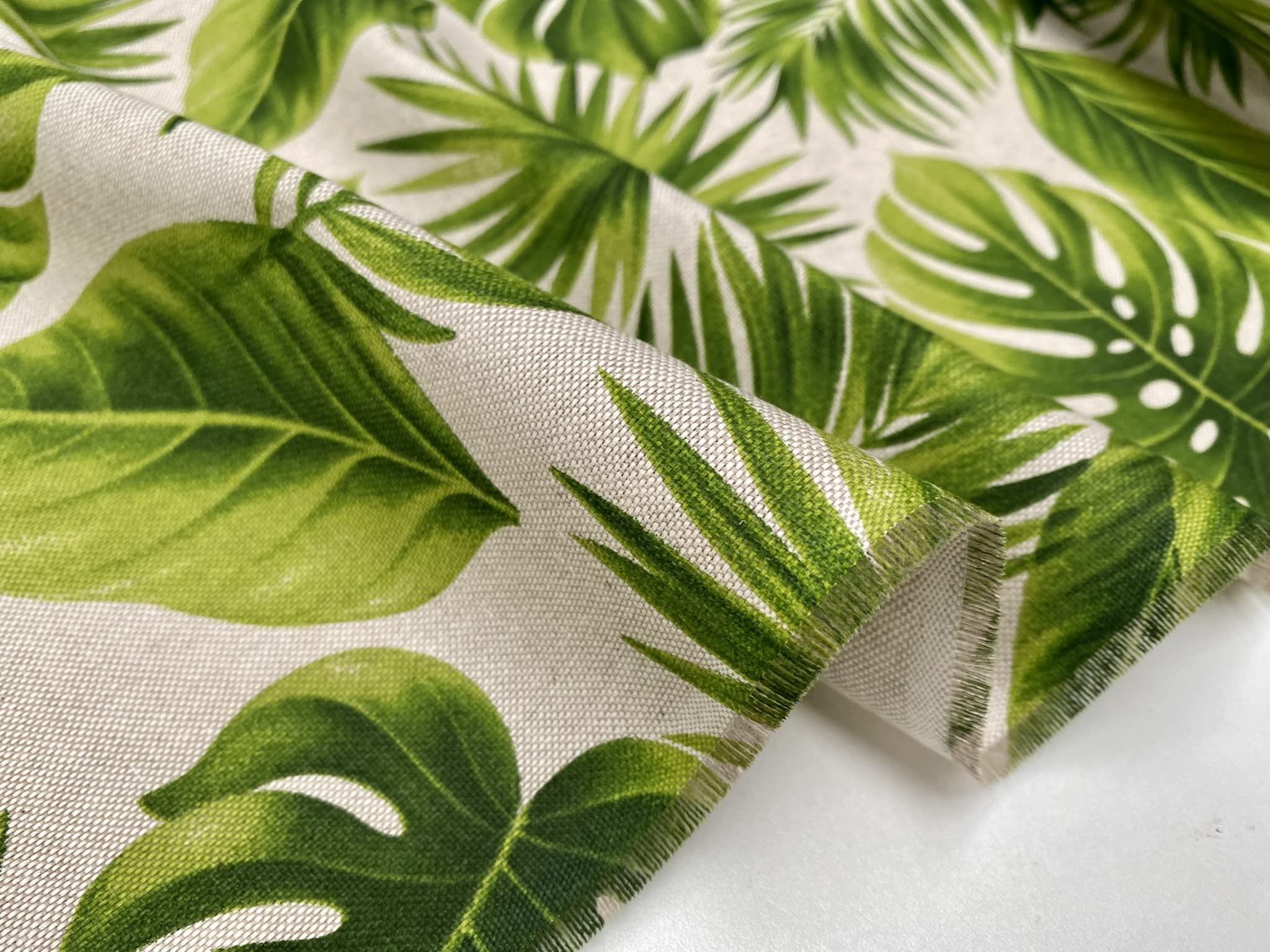 LushFabric Linen Look Green Palm Leaves Tropical Leaf Fabric Material for Home Decor Curtain Upholstery - 140cm Wide Canvas (Sold by The Metre)