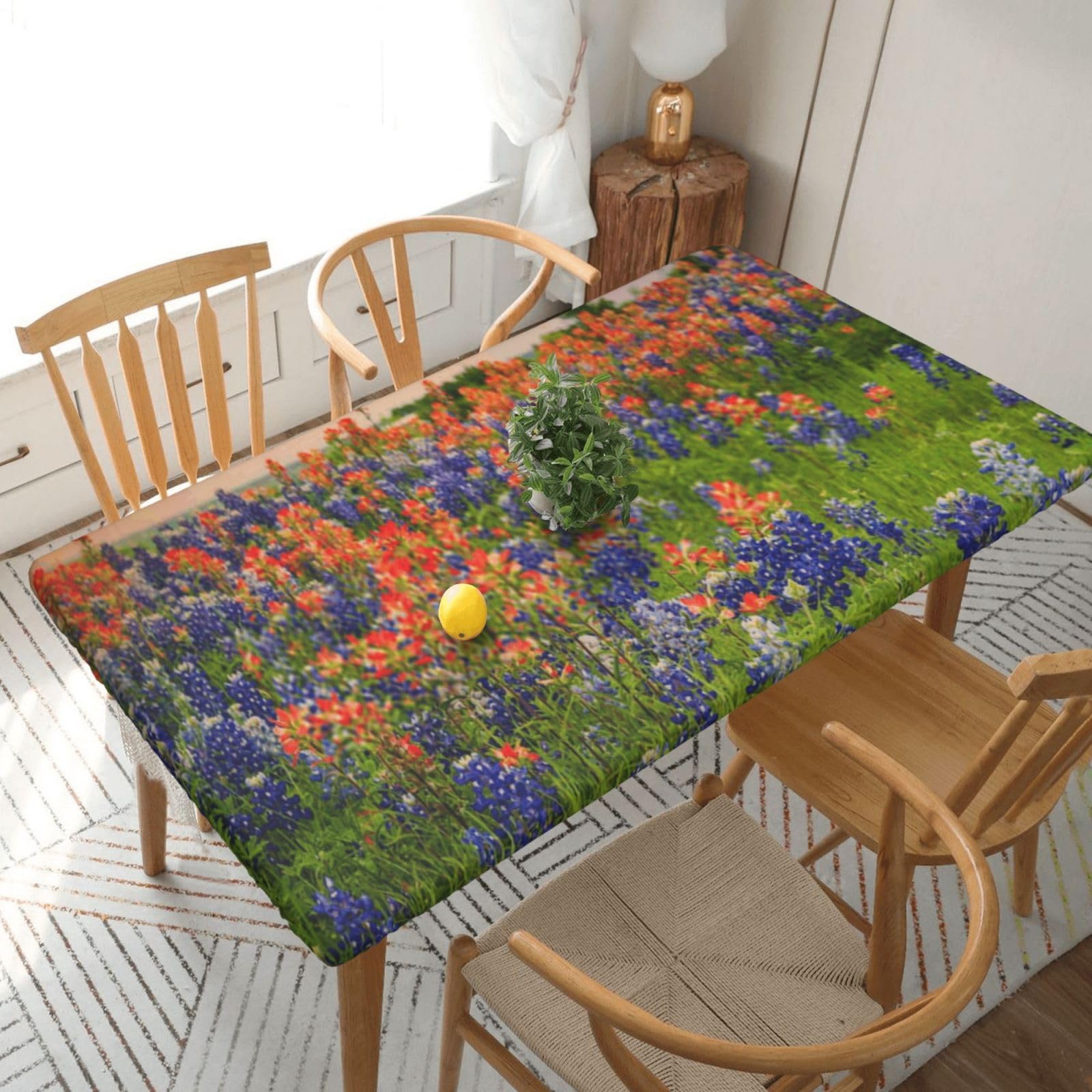 DCEHGEW Elastic Fitted Rectangle Tablecloth for 5ft Tables, Texas Bluebonnets Scenery Printed Oilproof & Washable Fabric Picnic Table Cloth Table Covers
