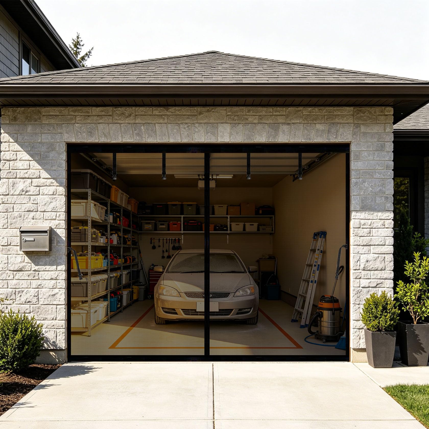 Magnetic Garage Door Screen for 8x8ft Car Doors Durable Fiberglass Heavy Duty Mesh Magnetic Garage Net, Pets Friendly Retractable Carport Garage Patio Porch RV Curtain (Black, for 8x8ft (WxH))