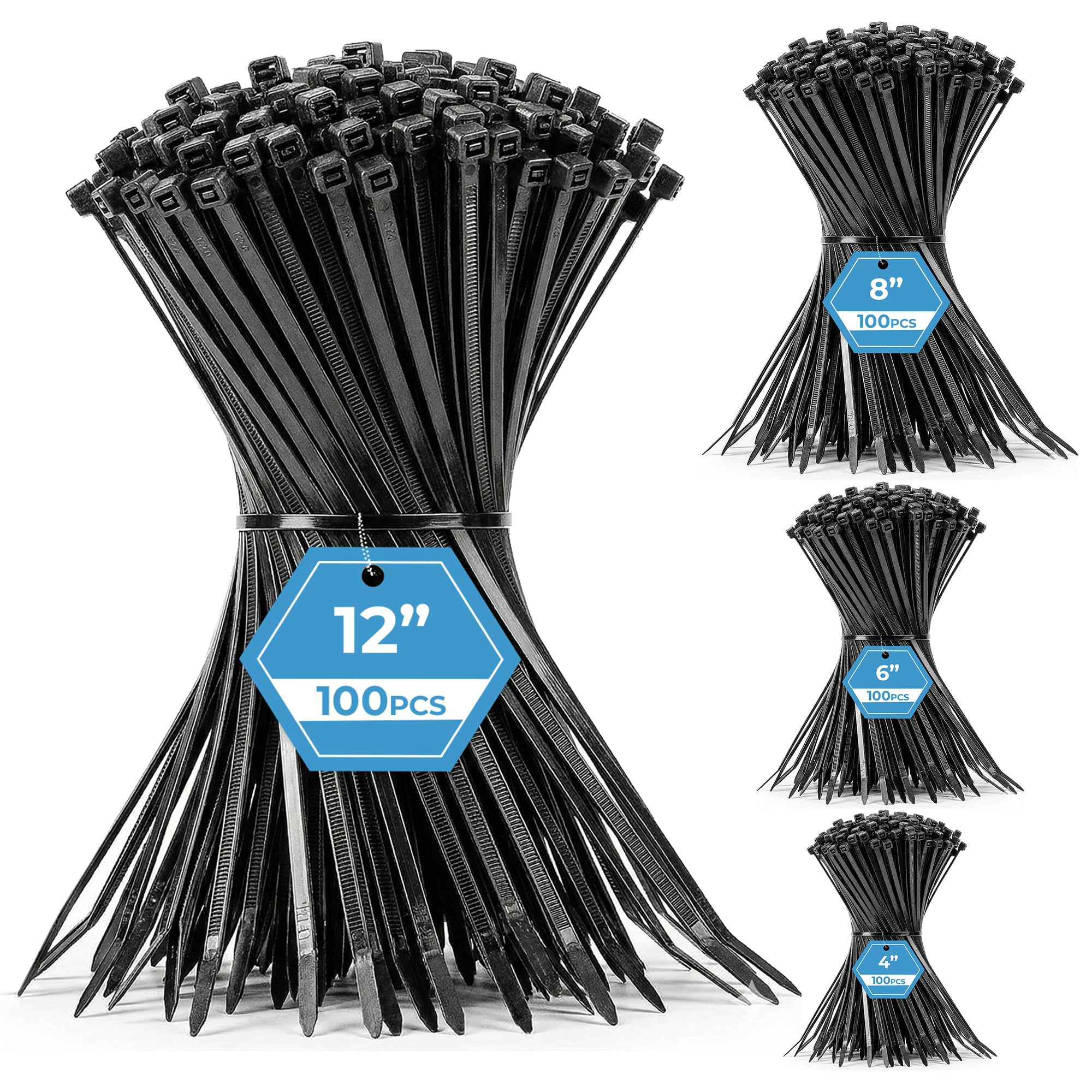 OPM Premium Black Assorted Zip Ties 400 Pack (4", 6", 8", 12") Heavy Duty upto 40LB for Cable & Wire Management, Electrical Accessories, Garden & Home Improvement, UV Resistant GripLock Cable Ties