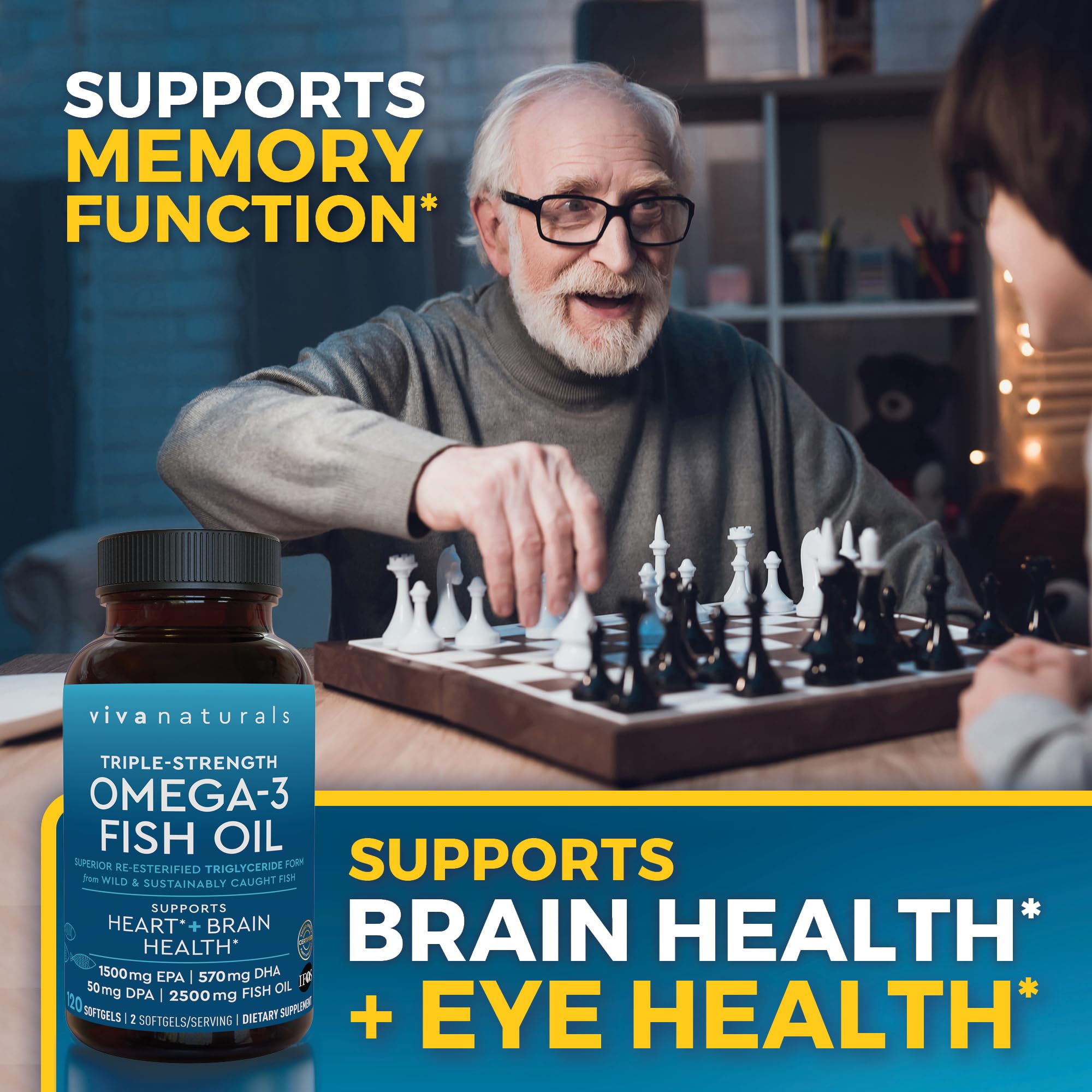 Viva Naturals Omega 3 Fish Oil Supplement for Women and Men - 2500 mg Triple Strength Fish Oil Pills with Re-Esterified Omega 3 Fatty Acids Including EPA, DHA DPA - 120 Pescatarian-Friendly Softgels