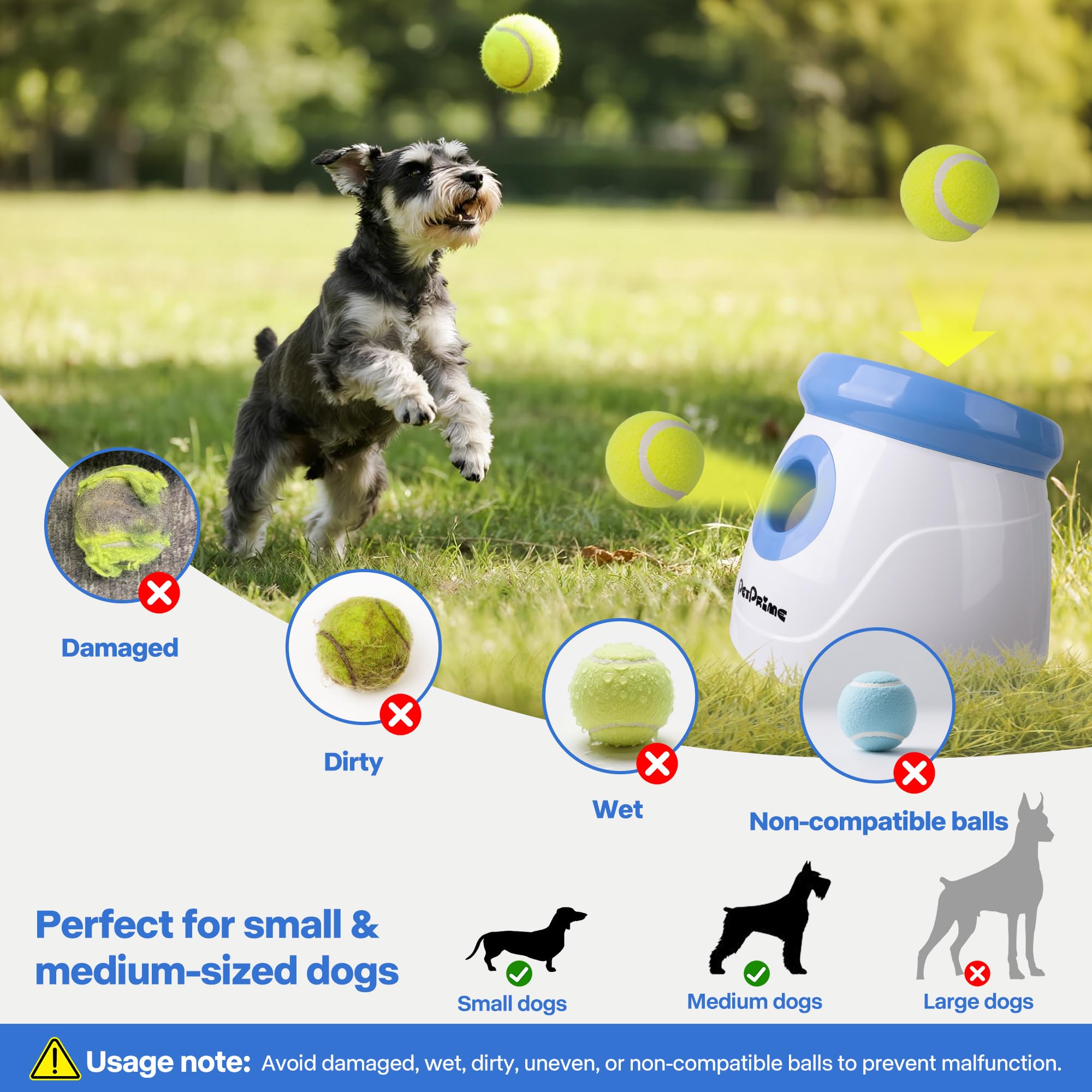 Pet Prime Lanzador automático de pelotas para perros, máquina interactiva de búsqueda de perros, juguete para mascotas, 3 pelotas de tenis para perros, juego de lanzamiento incluido para interiores y