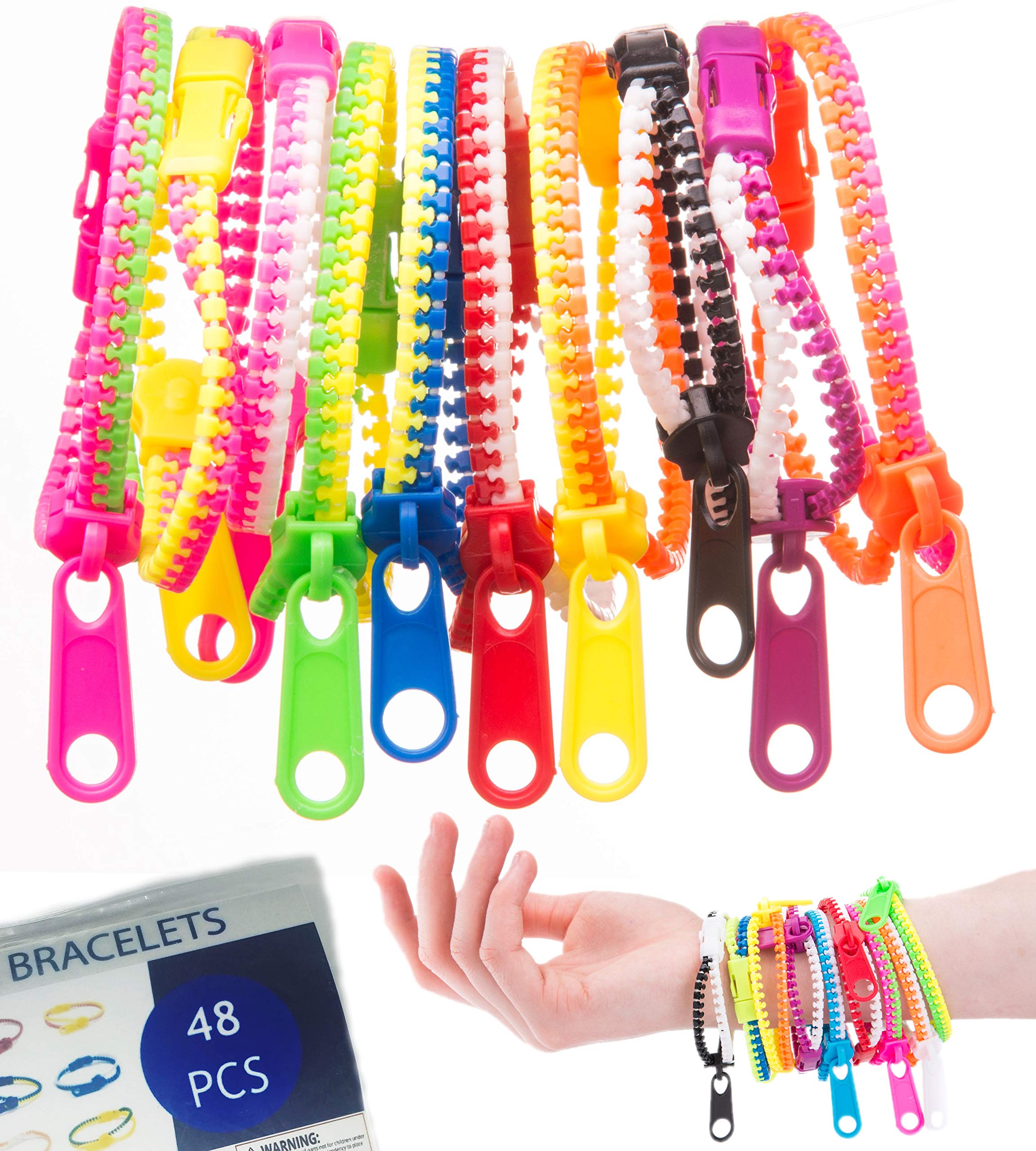UpBrands 48 Pack Friendship Fidget Zipper Bracelets 7.5 Inches Sensory Toys Bulk Set Neon Colors, Kit for Birthday, Party Favors for Kids, Goodie Bags, Easter Egg Basket Stuffers, Pinata Filler,