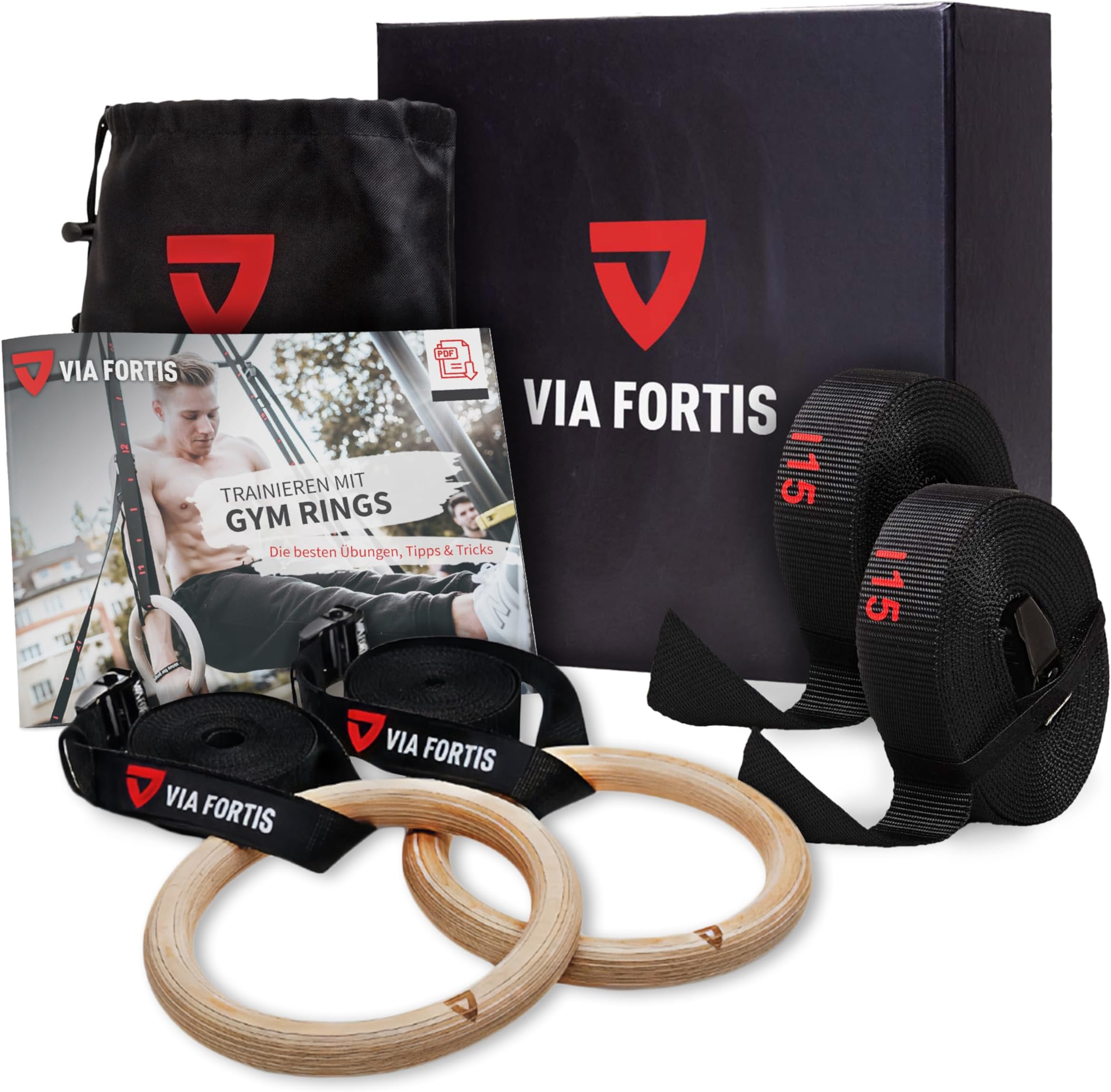 Premium Wooden Gym Rings with Straps, Bag & Workout Guide - Gym Rings for Calisthenics & Crossfit in Competition Design - Extra Wide Straps with Markings