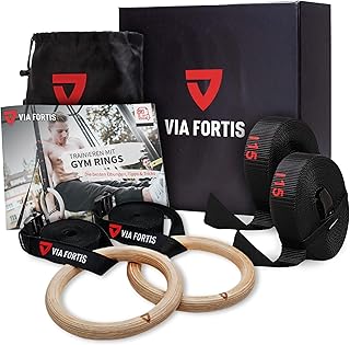 VIA Fortis® Premium Wooden Gym Rings with Straps, Bag & Workout Guide - Gym Rings for Calisthenics & Crossfit in Competition Design - Extra Wide Straps with Markings