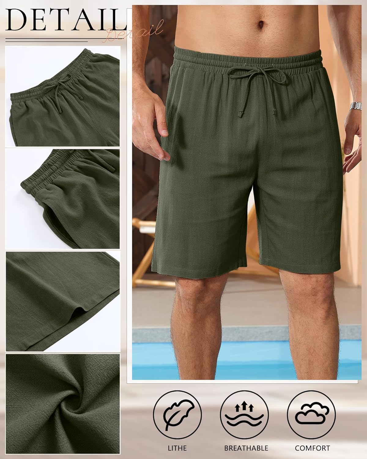 3 Pack Men's Cotton Linen 9" Inseam Shorts Drawstring Elastic Waist Beach Casual Summer Bermuda with Pockets - Image 3