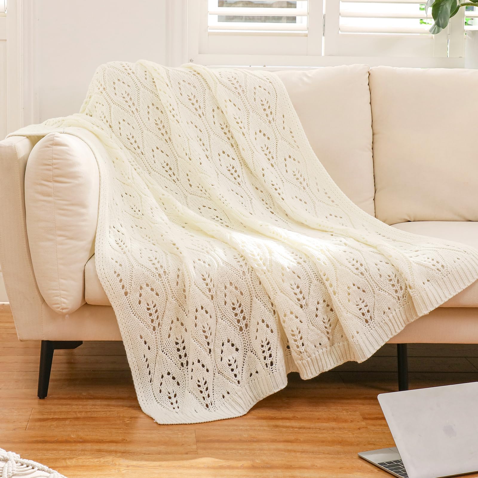 Photo 1 of Bigacogo Pointelle Knit Throw Blanket for Couch, Chunky Acrylic Leaf Texture Decorative Farmhouse Crochet Blankets & Throws,Soft Cable Knitted Throw Blankets for Bed Sofa Chair, 50"x60", Ivory