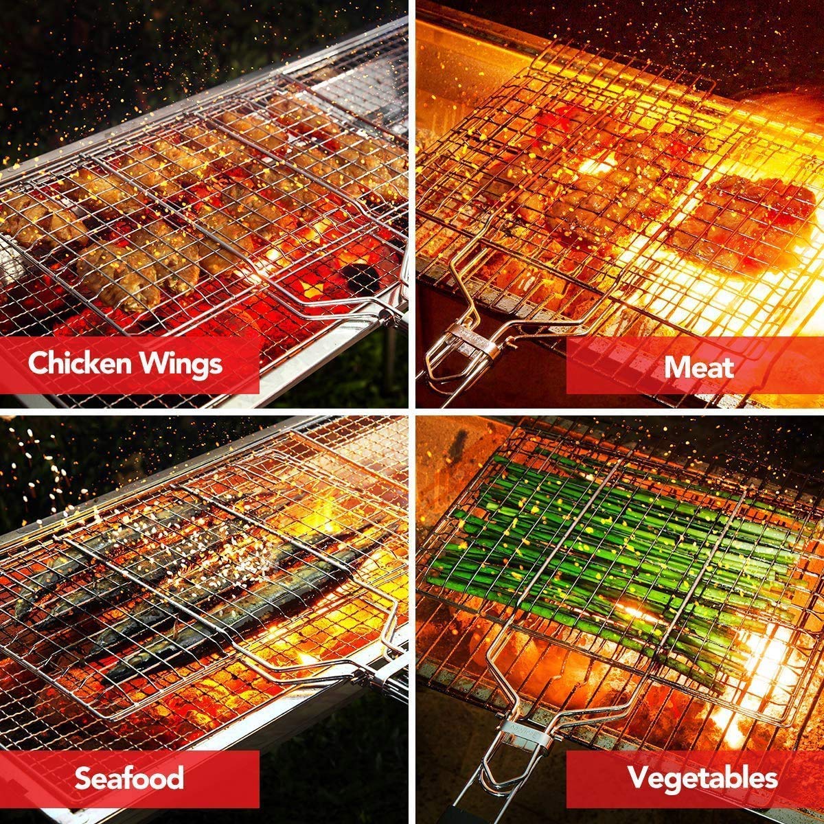COSKIRA Portable BBQ Grill Net Basket Roast Grilling Tray With Wooden Handle - Foldable Stainless Steel Barbecue Grill Chromium Plated - Image 6 thumbnail