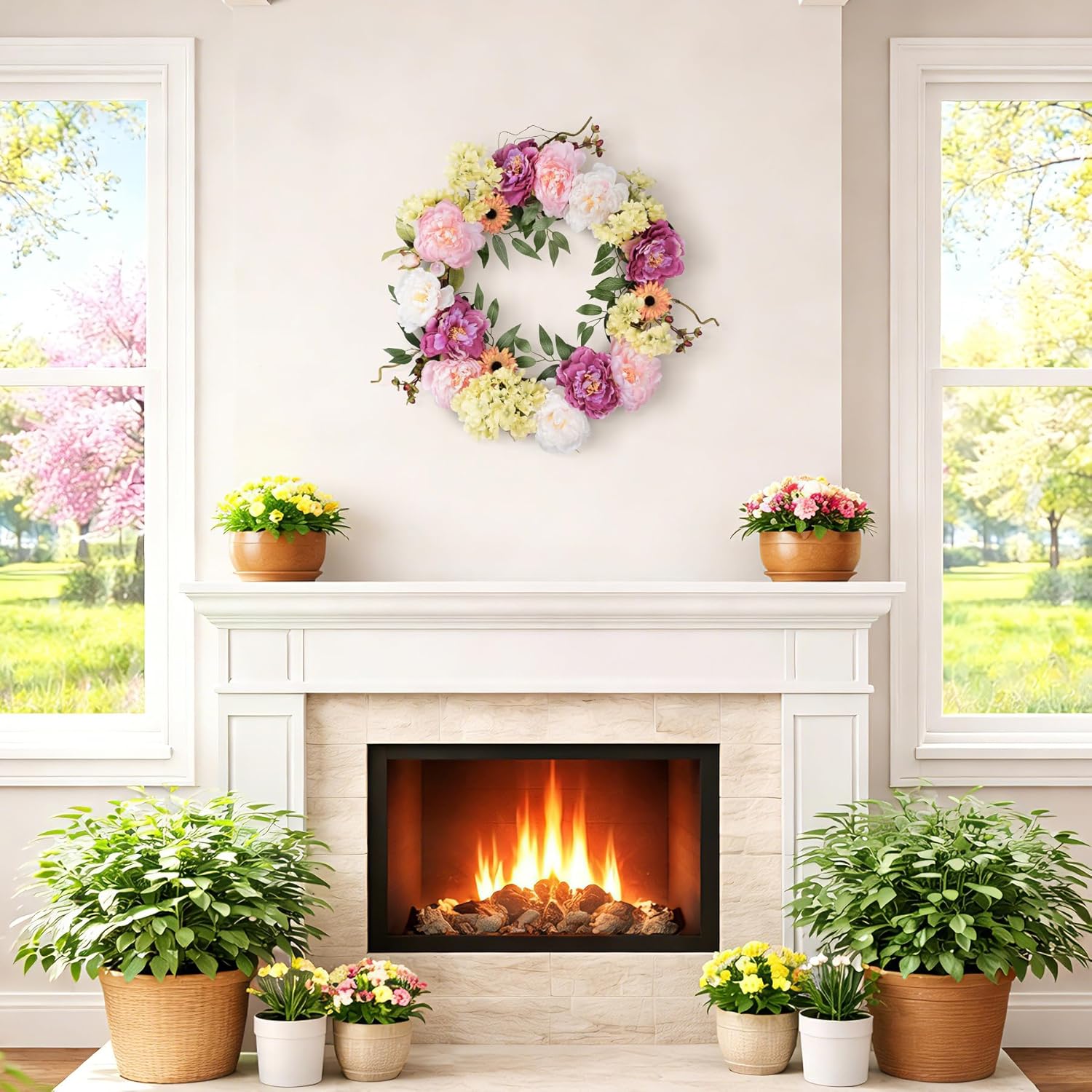 24in Peony Wreaths for Front Door, Large Spring Summer Floral Door Wreath with Hydrangea, All Year Round Colorful Flower Wreath for Farmhouse Wall Welcome Indoor Outdoor Decor (Twig Base)