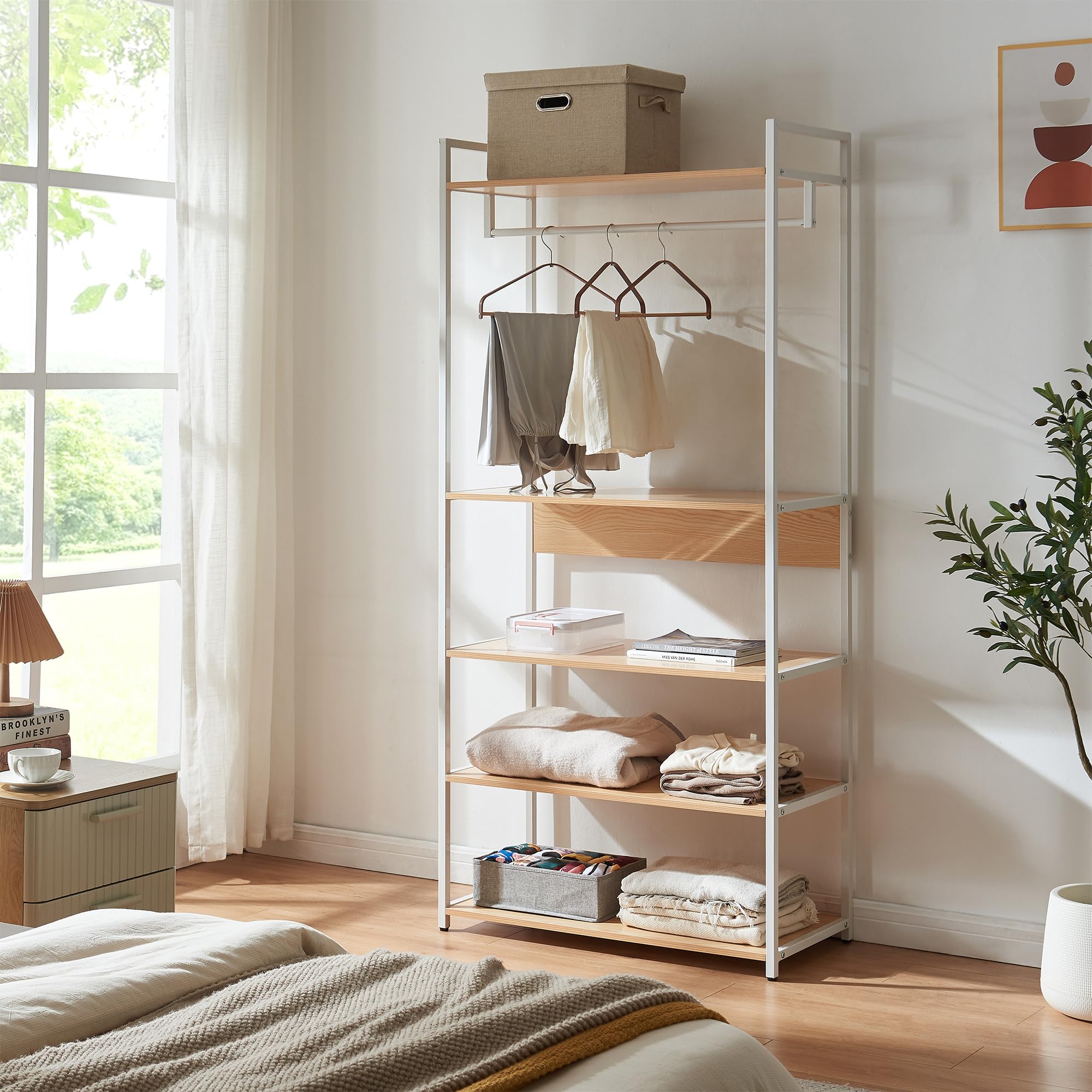 [en.casa] Organizzatore Guardaroba Stand Porta Abiti con Barra Appendiabiti e Ripiani Mobile Porta Vestiti per Cabina Armadio 180x80x40 cm Bianco/Effetto Rovere