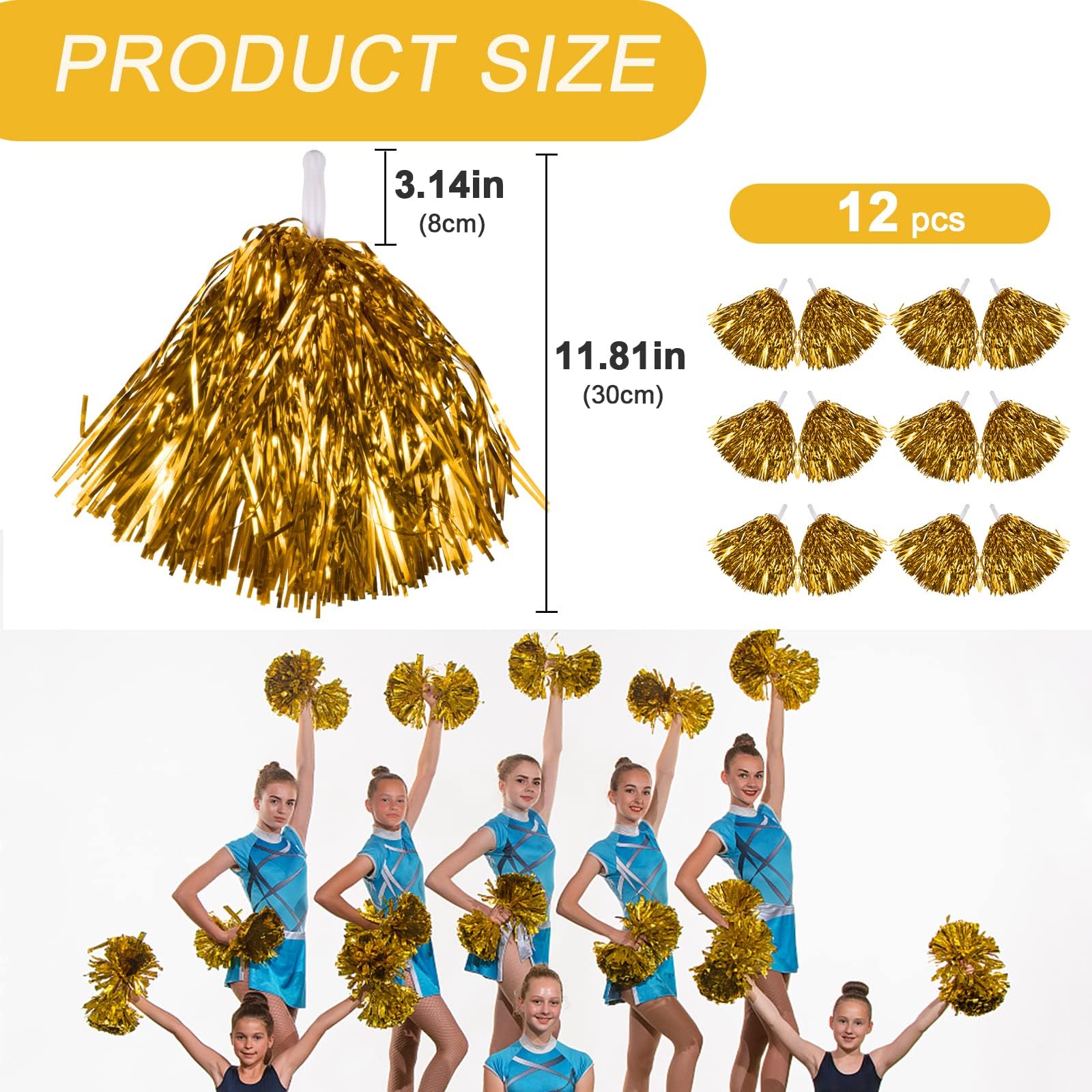 Lot de 12 Pompons Pom-pom Girl, Pompon Pompom Girls, Pom-pom Girl, Pompons Cheerleader, Pom poms Cheerleader pour Carnaval, l'école le Sport, la Danse, la Nuit, la Fête (Gold)