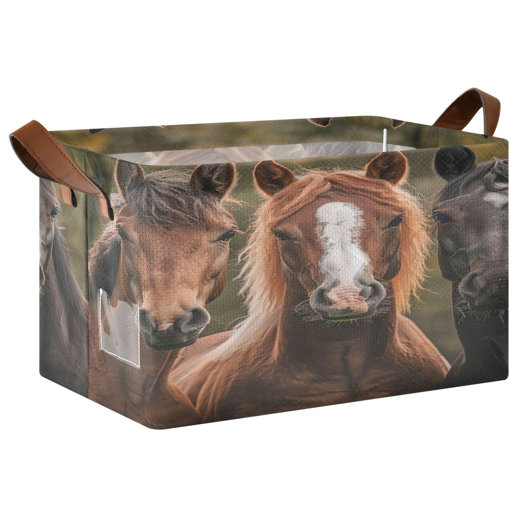 Kutsu Foldable Storage Basket Horses Collapsible Storage Bin with Handles for Shelves, Rectangle Basket for Home Nursery Decor, 16.9x11.4x10 in