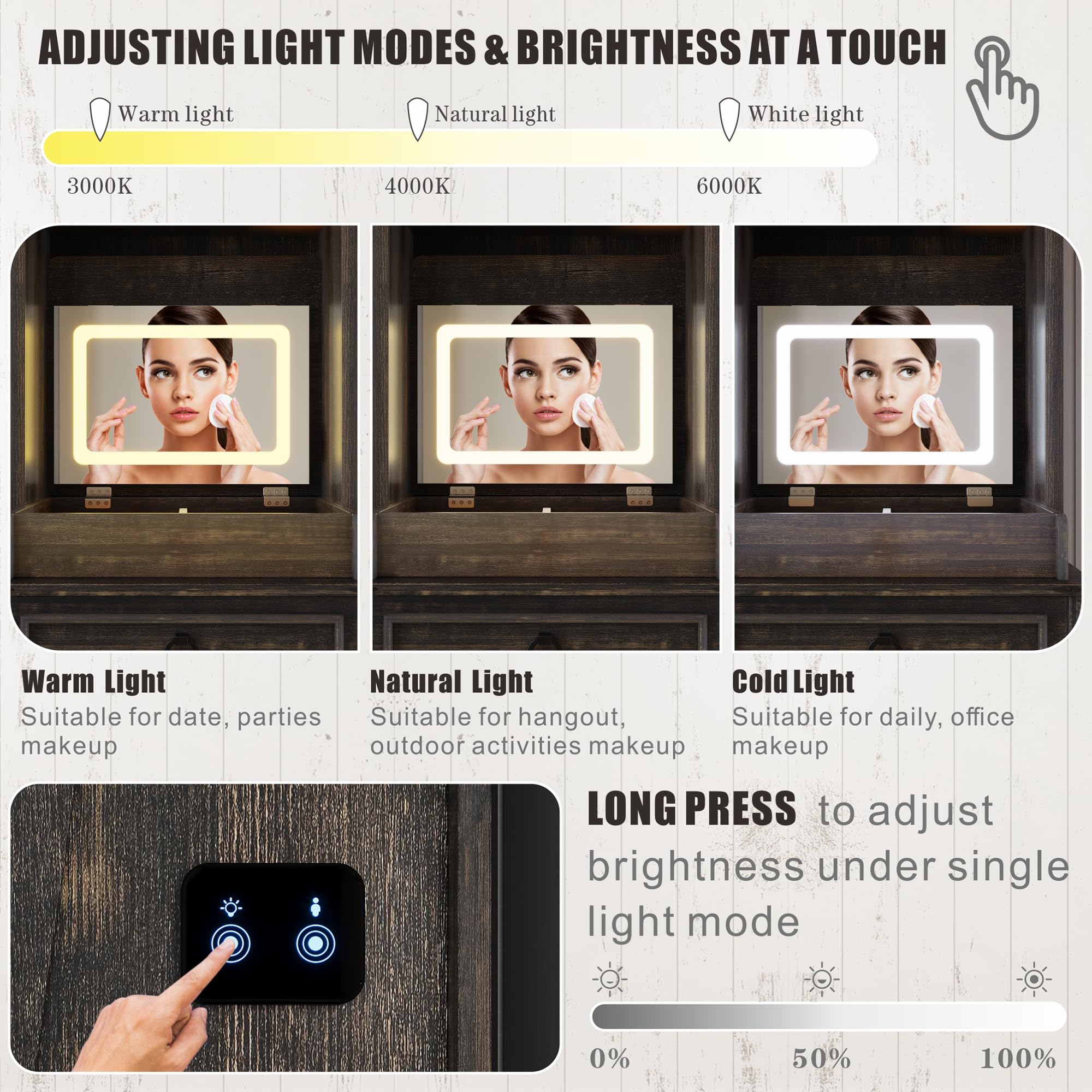 FREDEES Vanity Desk with Mirror,Small Makeup Vanity Set with Customizable Lighting,Compact Makeup Vanity Desk with Hidden Storage and Comfortable Stool,Dressing Table for Bedroom,Brown