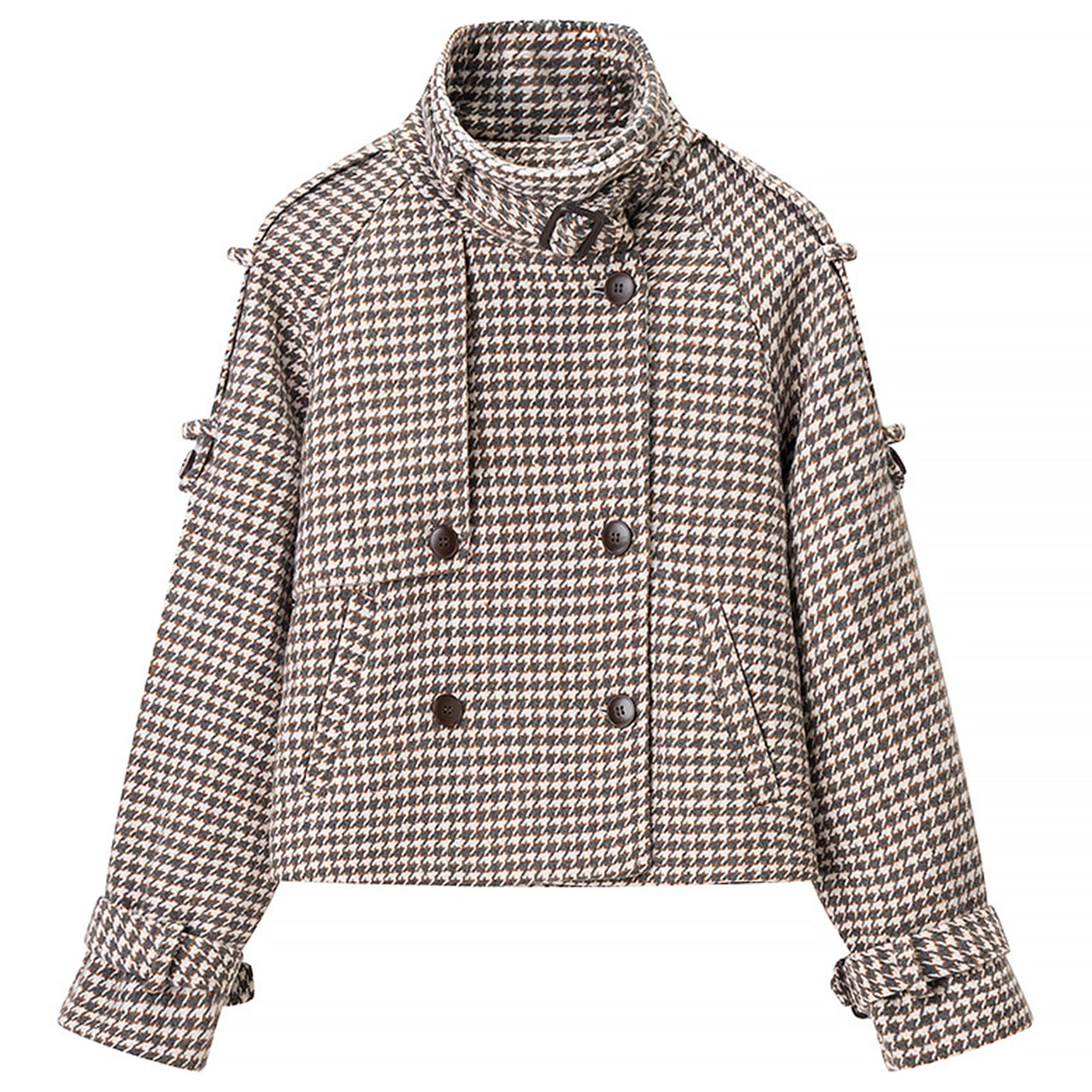 Womens Vintage Blazer Long Sleeve Grid Stand Collar Jacket Formal Office Work Coat