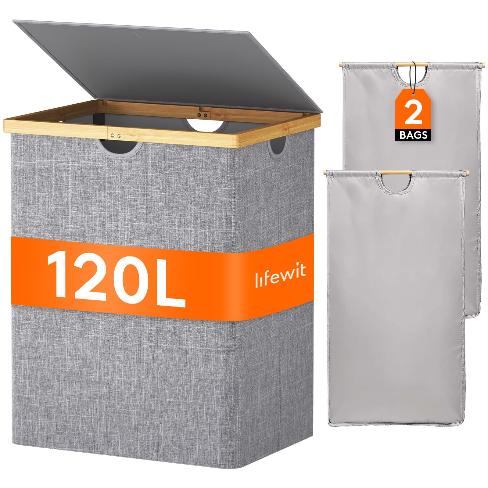 Lifewit 120L Laundry Basket with Lid, 2 Compartments Washing Basket with 2 Removable Liners & Bamboo Frame, Dirty Clothes Bin for Laundry Room Bedroom, Grey