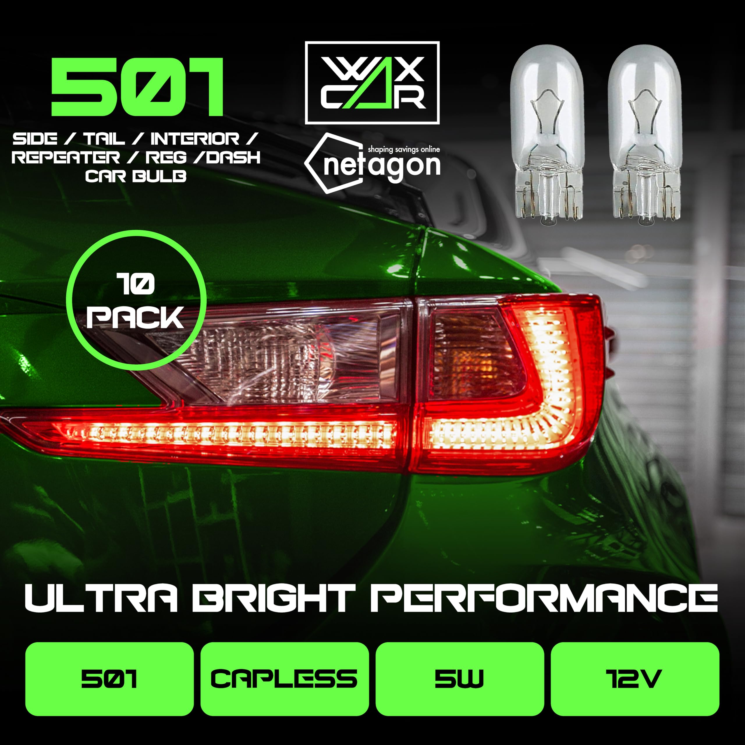 WAXACAR Vehicle Light Bulbs, Multi-Purpose for Tail, Brake, Fog, Indicator, Reverse Lights, 10 Pack, Universal Fit, Halogen, 21W, Compatible with Car, Van, Trailer, Truck, Bike (501 (10 Pack)) — view 2