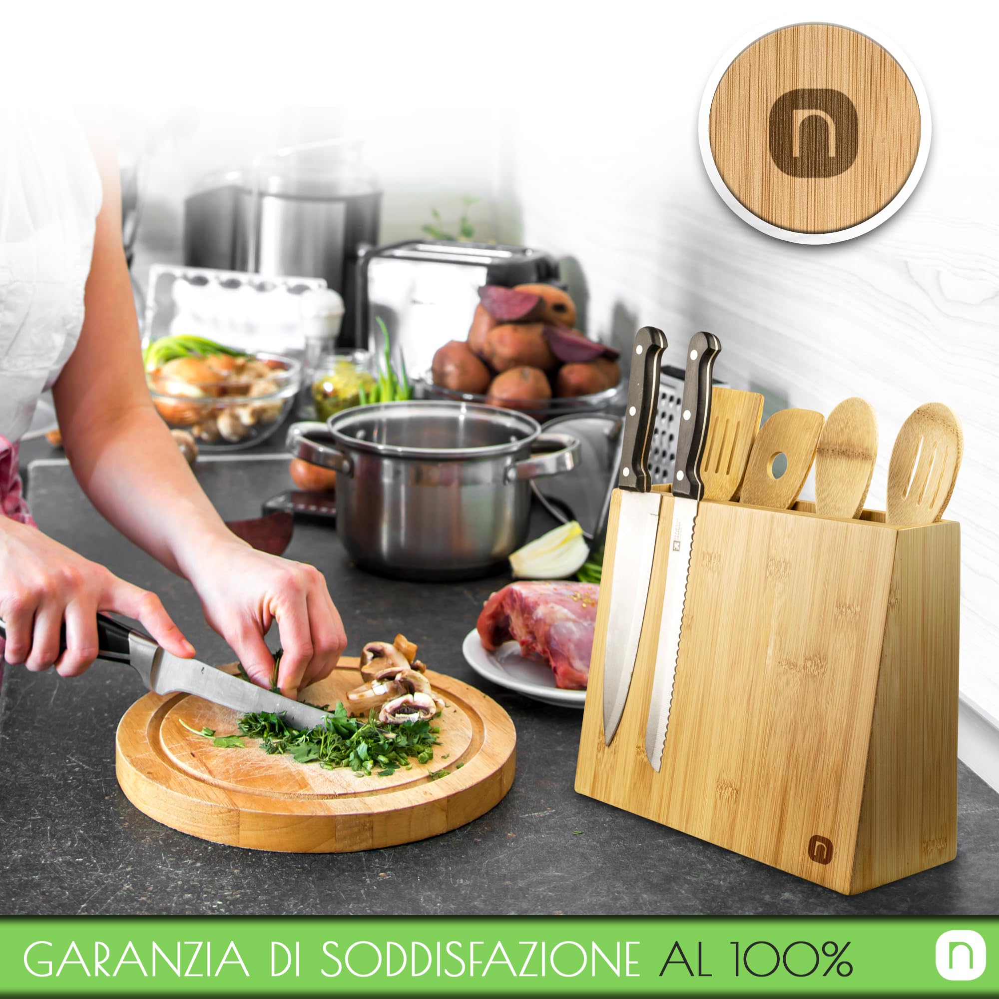 Naturlik Portacoltelli Magnetico 2 in 1 Con 5 Mestoli - Portautensili da Cucina in Bambù - Organizzatore Cucina