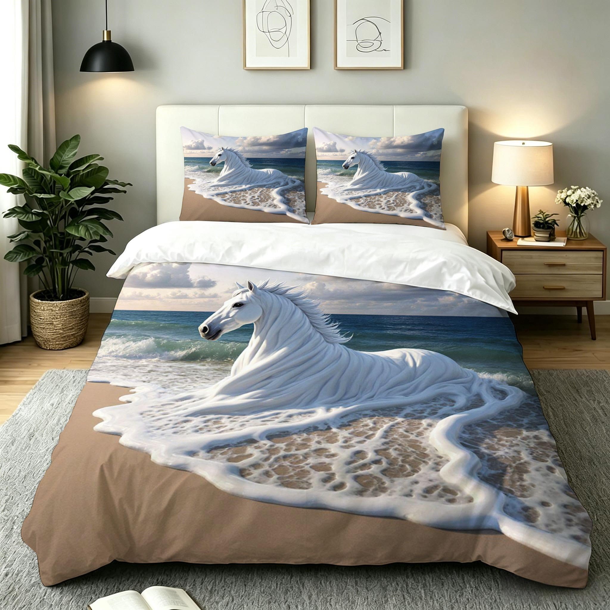 Housse de couette 140x200 cheval blanc en microfibre douce avec 2 taies d'oreiller AW9104