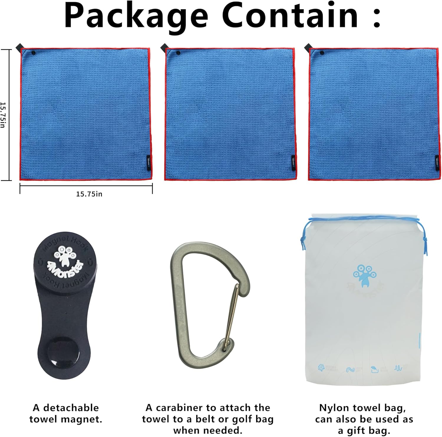 4Monster Golf Towels 3-Pack with Detachable Magnet and Portable Pouch, Quick-Dry Microfiber Golf Towel Set for Golf Bags,Custom Towel Gifts for Men or Women (3, Blue) - Image 4