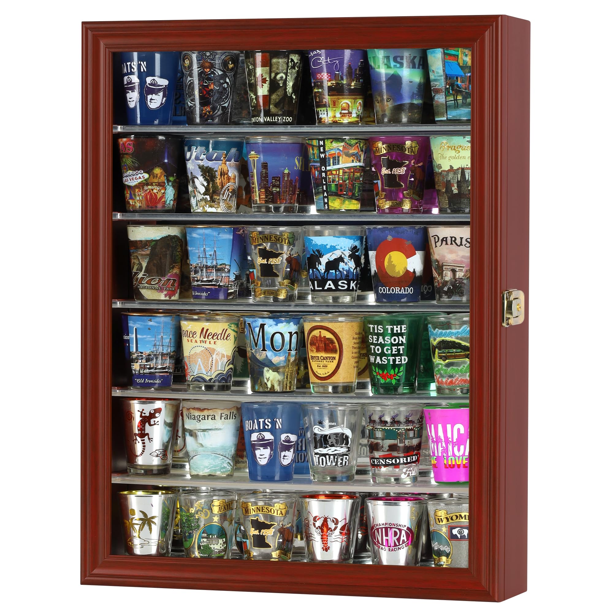 Souvenir Shot Glass Display Case Shadow Box Wall Mounted Cabinet Mirror Background in Cherry Finish