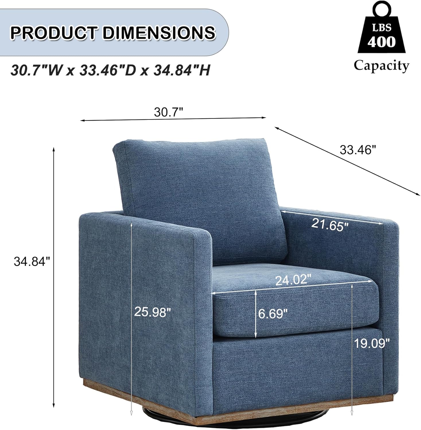 Swivel Accent Chair Set of 2, 360 Degree Square Swivel Chair for Living Room, Mid Century Modern Upholstered Barrel Chair,Comfy Sofa Armchairs for Bedroom,Nursery,Chenille, Blue