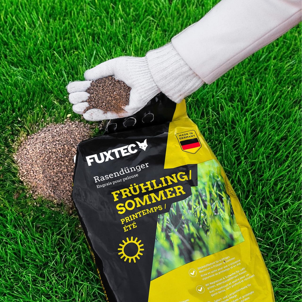 FUXTEC Engrais gazon printemps été FX-RDFS5 5 kg rendement 250m2 fertilisant pelouse organo-minéral NPK 12+3+5 azote à libération progressive magnésium et soufre granulés fins