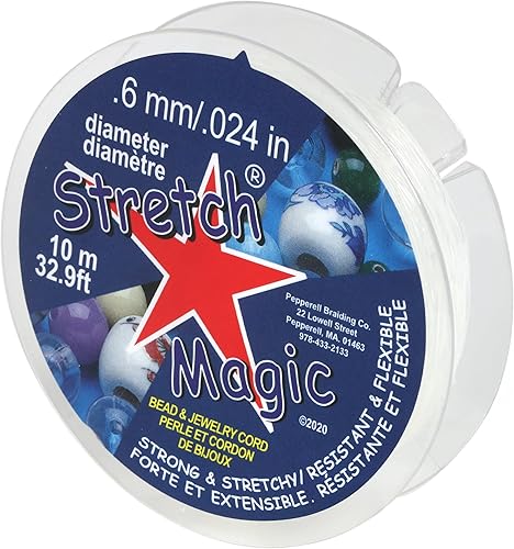 Stretch Magic Cordón elástico para cuentas – Color transparente, 0.024 in de diámetro, 32.8 ft (32 pies) – Cuerda fácil de anudar, fuerte y elástica