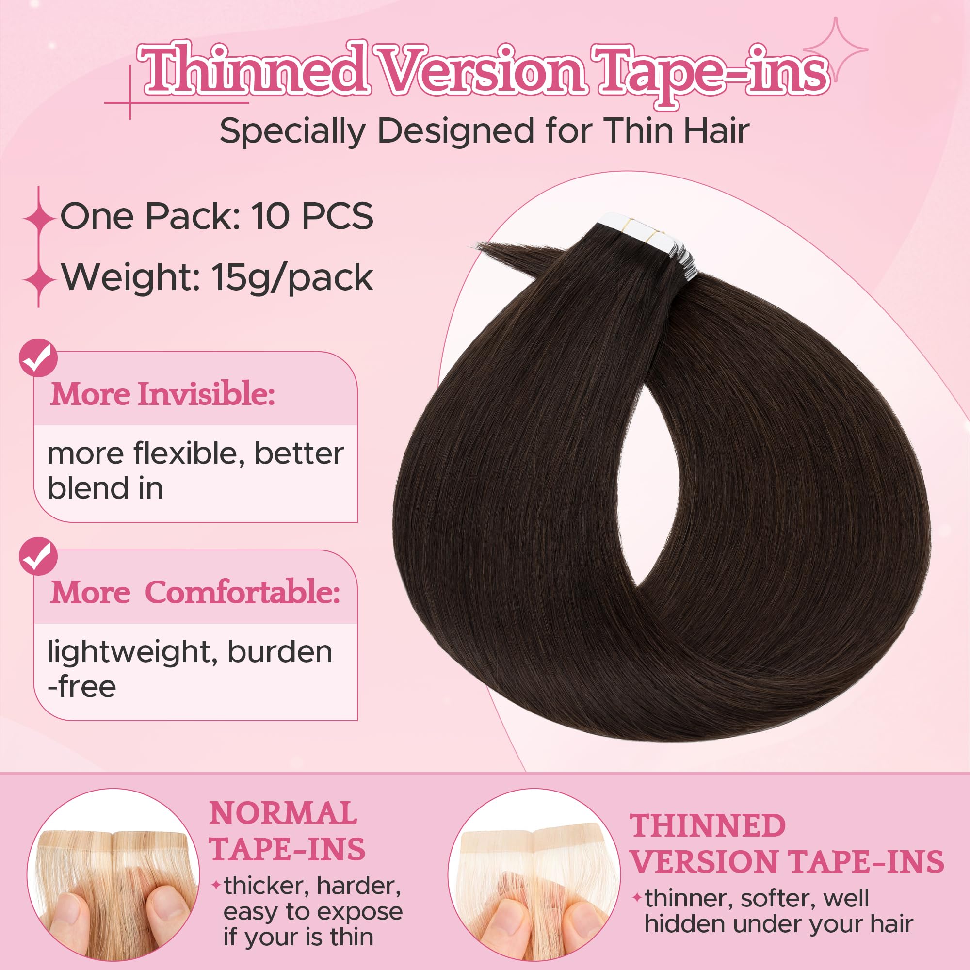 SEGO Pro Tape in Hair Extensions Real Human Hair 18 Inch 10 Pcs 15g Invisible Seamless Straight Tape Extensions for Women #02 Dark Brown - Image 2