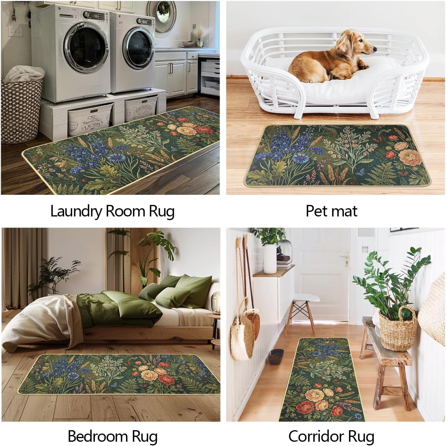 Boho Kitchen Mat Set of 2, Modern Farmhouse Flower Rugs, Non Skid Washable Rubber Runner, Kitchen Decor Accessories (17"x47"+17"x30" Wildflower)
