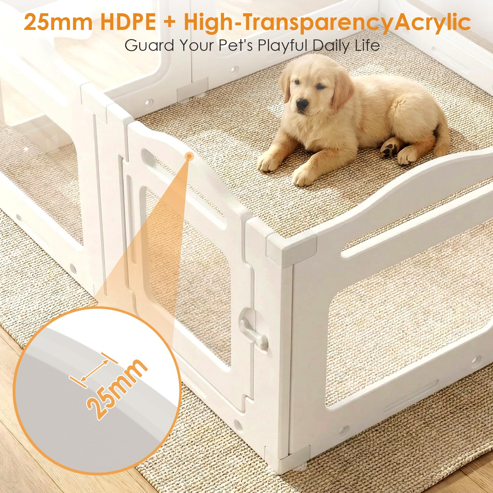 MAMIZO Acryl Welpenauslauf 129 × 129× 60cm, Faltbar Laufstall Hund mit Saugnapf, Transparente Hundelaufstall für Wohnung mit Verdickte Platte, Wurfkiste für Welpen, 8PCS Indoor-Hundezwinger, Weiß