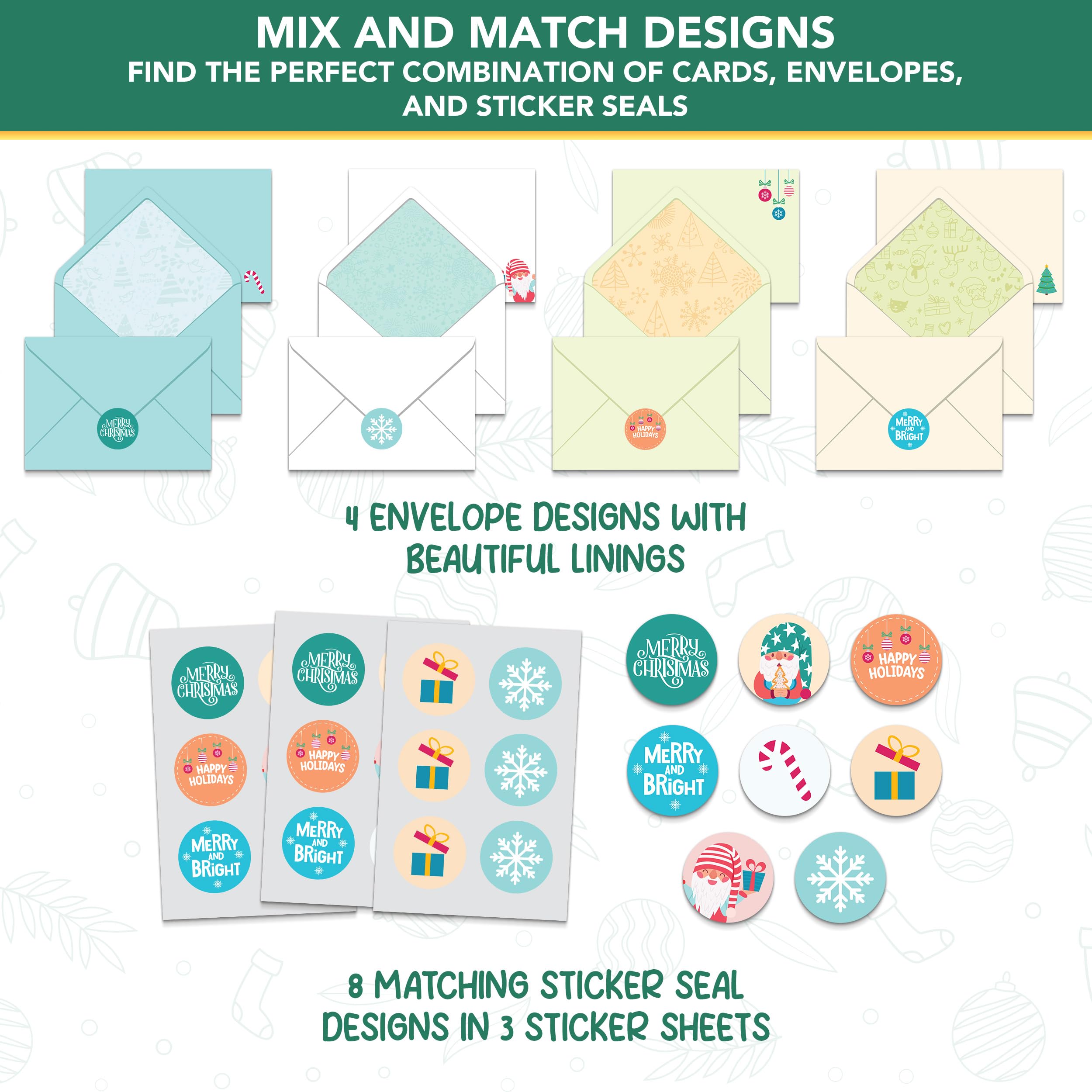 Decorably Lot de 16 cartes de Noël en forme de gnom, 12,7 x 17,8 cm, 8 motifs, 16 cartes