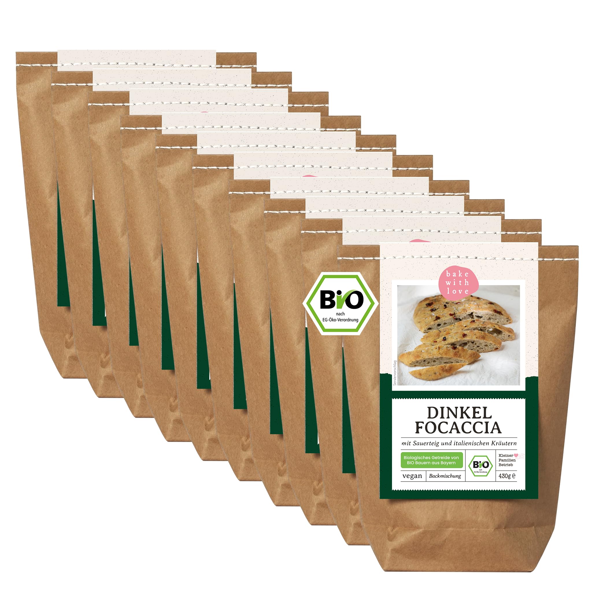 Bio Dinkel Focaccia Backmischung – mit 100 % Dinkelmehl, Dinkelsauerteig & italienischen Kräutern – fast ohne Hefe – Fladenbrot für den Ofen – Bake with Love – 10er Pack