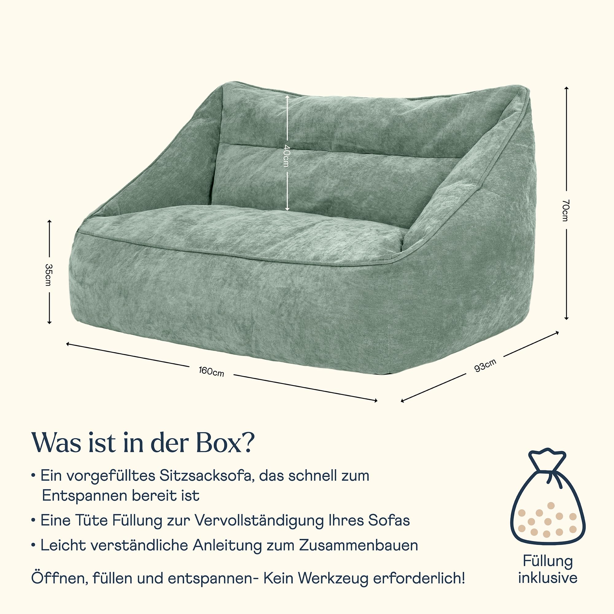 Icon Cecilia Sitzsack Sofa, Salbeigrün, Flauschiger Chenille Stoff, 2 Sitzer Sofa für Erwachsene, Riesensitzsack mit Füllung, Bequemer Sessel, Lounge, Wohnzimmer, Deko Wohnzimmer