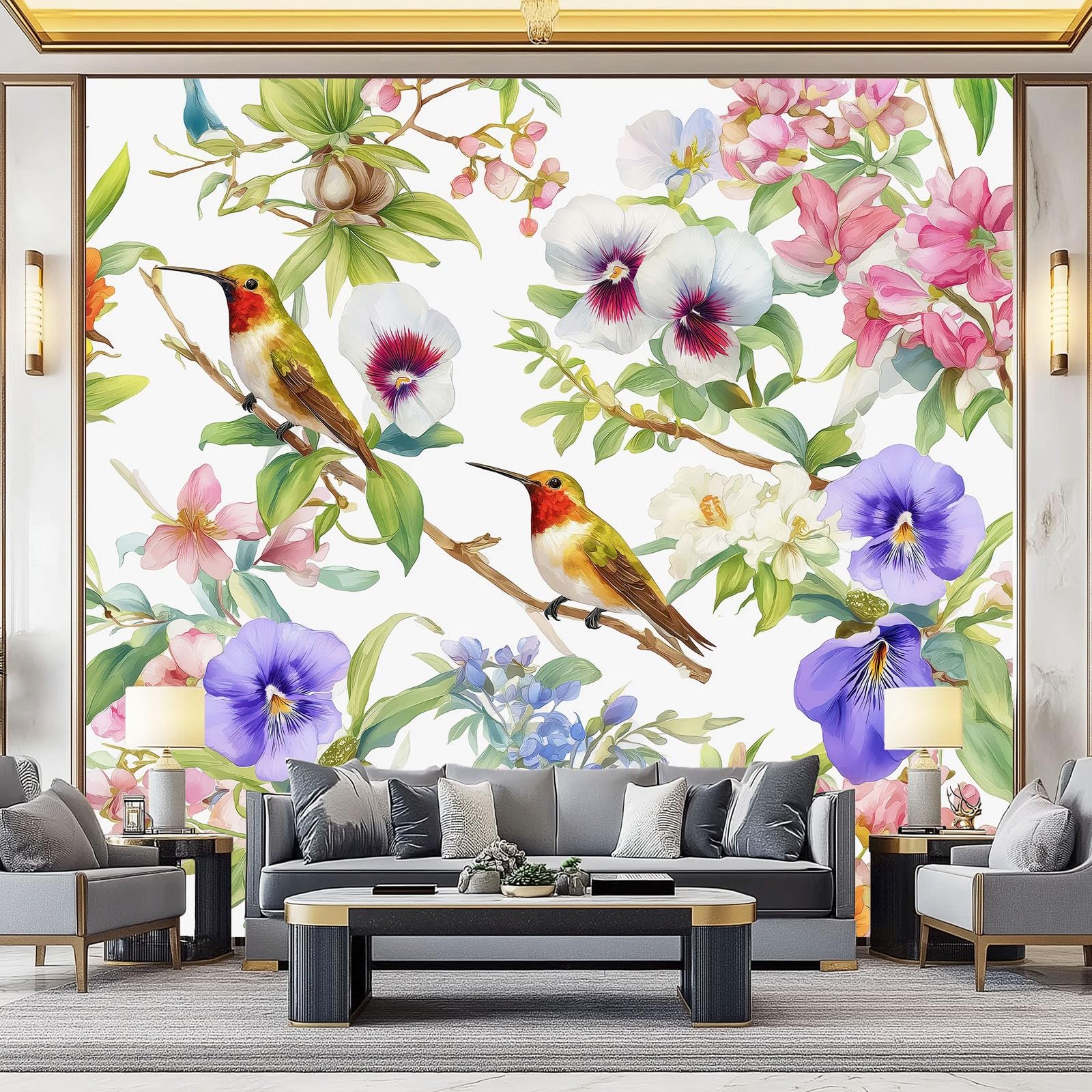 Papier peint intissé 300x210 cm avec fresque panoramique d'oiseaux et fleurs vintage