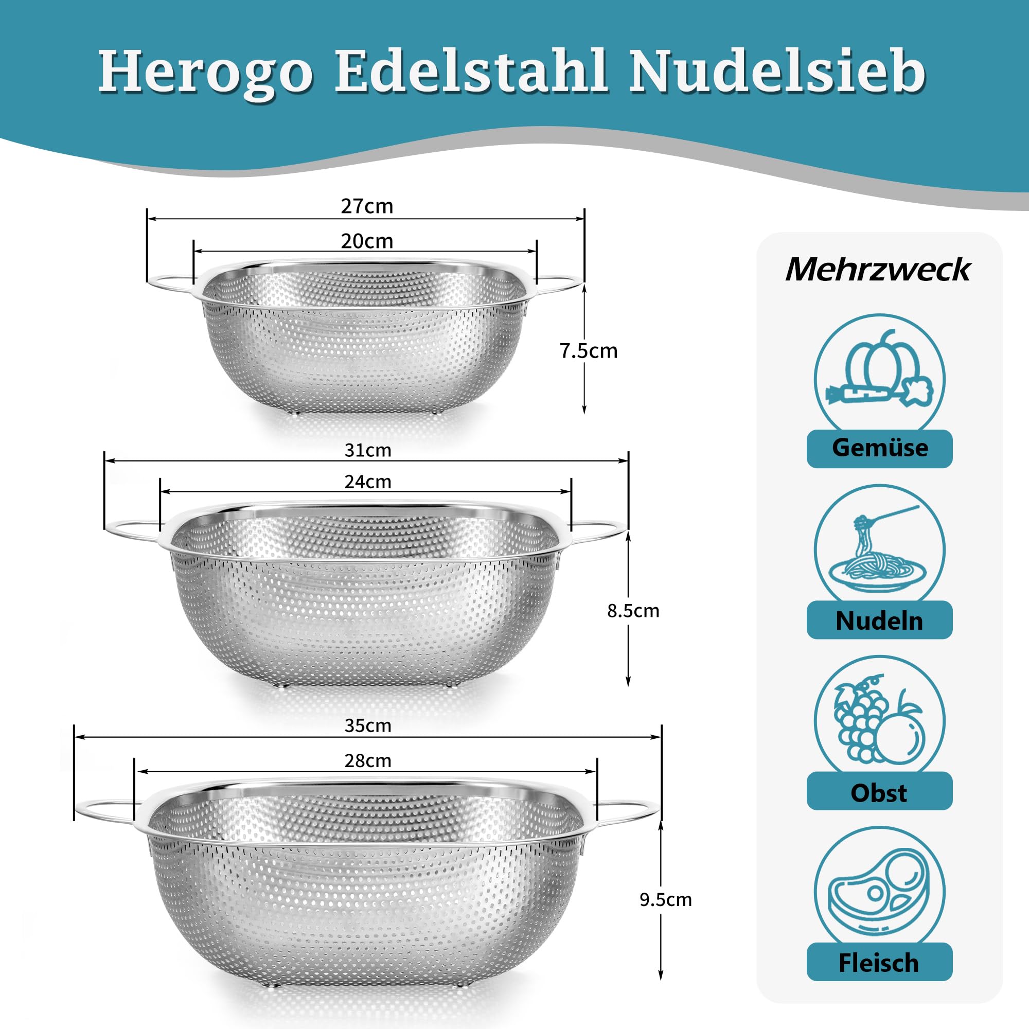 Herogo Zestaw sito 3-częściowy, sito kuchenne z nierdzewnej stali do makaronu z uchwytem, 20/24/28 cm, Mikro-perforowany kwadratowy cedzak do makaronu, owoców i warzyw, gładka krawędź i uniesiona