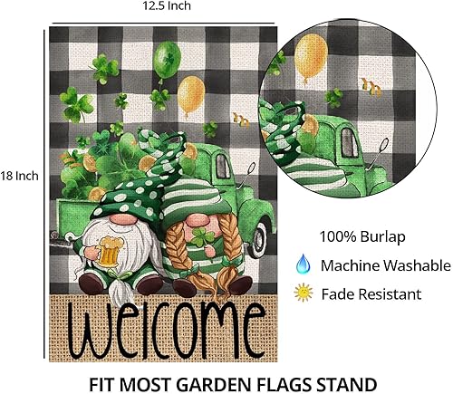 Miniatura 6 de Bandera de jardín para el día de San Patricio para exteriores, gnomos con trébol, camión, búfalo, bandera de patio pequeño, decoración de primavera